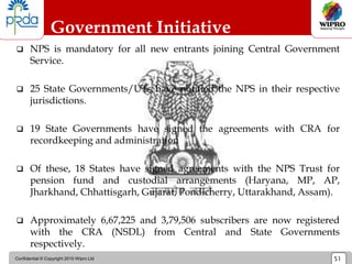 Confidential © Copyright 2010 Wipro Ltd 51
Government Initiative
 NPS is mandatory for all new entrants joining Central Government
Service.
 25 State Governments/UTs have notified the NPS in their respective
jurisdictions.
 19 State Governments have signed the agreements with CRA for
recordkeeping and administration
 Of these, 18 States have signed agreements with the NPS Trust for
pension fund and custodial arrangements (Haryana, MP, AP,
Jharkhand, Chhattisgarh, Gujarat, Pondicherry, Uttarakhand, Assam).
 Approximately 6,67,225 and 3,79,506 subscribers are now registered
with the CRA (NSDL) from Central and State Governments
respectively.
 