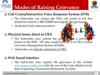 Confidential © Copyright 2010 Wipro Ltd 79
Modes of Raising Grievance
 Call Centre/Interactive Voice Response System (IVR)
 The Subscriber can contact the CRA call centre at toll free
telephone number 1-800-222080 and register the grievance.
 Dedicated Call centre executives.
 Physical forms direct to CRA
 The Subscriber may submit the grievance in a prescribed
format to the POP – SP who would forward it to CRA Central
Grievance Management System (CGMS).
 Subscriber can directly send form to CRA.
 Web based interface
 The Subscriber may register the grievance at the website
www.npscra.nsdl.co.in with the use of the I-pin allotted at the
time of opening a Permanent Retirement Account.
 