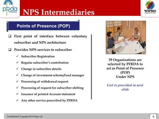 Confidential © Copyright 2010 Wipro Ltd 9
NPS Intermediaries
 First point of interface between voluntary
subscriber and NPS architecture
 Provides NPS services to subscriber
 Subscriber Registration
 Regular subscriber’s contribution
 Change in subscriber details
 Change of investment scheme/fund manager
 Processing of withdrawal request
 Processing of request for subscriber shifting
 Issuance of printed Account statement
 Any other service prescribed by PFRDA
Points of Presence (POP)
39 Organizations are
selected by PFRDA to
act as Point of Presence
(POP)
Under NPS
List is provided in next
slide
 