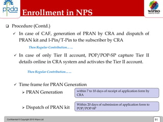 Confidential © Copyright 2010 Wipro Ltd 91
Enrollment in NPS
 Procedure (Contd.)
 In case of CAF, generation of PRAN by CRA and dispatch of
PRAN kit and I-Pin/T-Pin to the subscriber by CRA
 In case of only Tier II account, POP/POP-SP capture Tier II
details online in CRA system and activates the Tier II account.
 Time frame for PRAN Generation
 PRAN Generation
 Dispatch of PRAN kit
Then Regular Contribution……
Then Regular Contribution……
within 7 to 10 days of receipt of application form by
CRA
Within 20 days of submission of application form to
POP/POP-SP
 