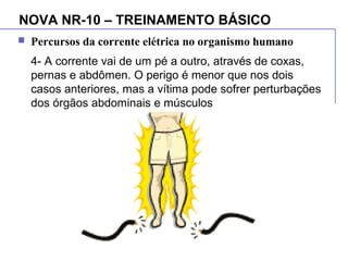 NOVA NR-10 – TREINAMENTO BÁSICO
 Percursos da corrente elétrica no organismo humano
4- A corrente vai de um pé a outro, através de coxas,
pernas e abdômen. O perigo é menor que nos dois
casos anteriores, mas a vítima pode sofrer perturbações
dos órgãos abdominais e músculos
 