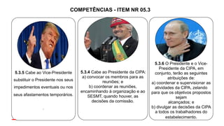 5.3.5 Cabe ao Vice-Presidente
substituir o Presidente nos seus
impedimentos eventuais ou nos
seus afastamentos temporários.
.
5.3.4 Cabe ao Presidente da CIPA:
a) convocar os membros para as
reuniões; e
b) coordenar as reuniões,
encaminhando à organização e ao
SESMT, quando houver, as
decisões da comissão.
5.3.6 O Presidente e o Vice-
Presidente da CIPA, em
conjunto, terão as seguintes
atribuições de:
a) coordenar e supervisionar as
atividades da CIPA, zelando
para que os objetivos propostos
sejam
alcançados; e
b) divulgar as decisões da CIPA
a todos os trabalhadores do
estabelecimento.
COMPETÊNCIAS - ITEM NR 05.3
 