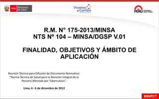 R.M. N° 175-2013/MINSA
NTS Nº 104 – MINSA/DGSP V.01
FINALIDAD, OBJETIVOS Y ÁMBITO DE
APLICACIÓN
Reunión Técnica para Difusión de Documento Normativo:
“Norma Técnica de Salud para la Atención Integral de la
Persona Afectada por Tuberculosis”.
Lima, 4 - 6 de diciembre de 2013
 
