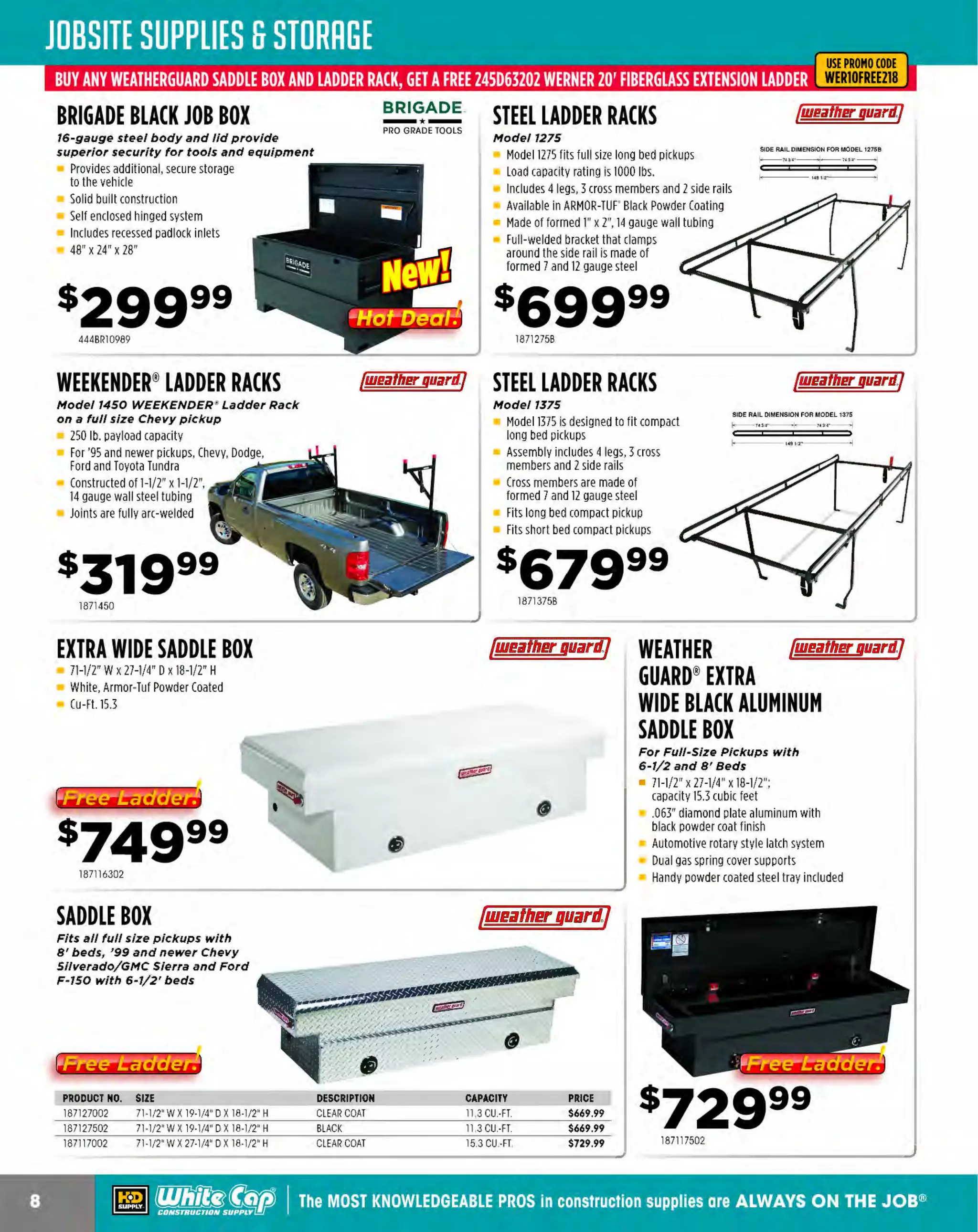 ~

Visit White Cap's WOC Branch @ Booth C4355

...... CONCRETE

FREE BACKPACK • SHOW SPECIALS • PRIZES • GIV EAWAYS*

~ WORLDoF

THESE SPECIAL TRADER DEALS AVAILABLE ALL MON TH AT YOUR LOCAL BRANCH!

~ BOSCH

SOS-PLUS" BULLDOG™
ROTARY HAMMER CARBIDE BITS

SPEED X™
{f@ BOSCH
SOS-MAX"
~
[ID(W[1,[b~ .•
ROTARY HAMMER BITS
For large rotary hammers
~
Four chiseling faces and cutting

v

Optimized brazing and hardening process
for long life in reinforced concrete
Optimized flute design to reduce stress and make the bit run cooler
4-flute design for fast dust removal
Centric tip for optimal hole geometry

PRODUCT NO.
162HC2001
162HC2011
162HC2012
162HC2014
162HC2041
162HC2042
162HC2045
162HC2051
162HC2061
162HC2064
162HC2067
162HC2071
162HC2081
162HC2084
162HC2087
162HC2088
162HC2094
162HC2102
162HC2104
162HC2107
162HC2122
162HC2124

SIZE
5/32" x 6"
3/16" x 6'
3/16" x 8'
3/16" x 12"
1/4' X 6"
1/4' X8"
1/4' X 14'
5/16" x 6'
3/8" x 6'
3/8" x 12"
3/8" x18'
7/16' x 6"
1/2" x 6"
1/2" x 12"
1/2" x 18"
1/2" x 24'
9/ 16" x 12"
5/8" x 8"
5/8" x 12"
5/8" x 18"
3/4" x 8'
3/4" x 12"

DEPTH
4'
4'
6'
10'
4'
6'
12"
4'
4"
10"
16"
4"
4"
10"
16"
22"
10"
6'
10"
16"
6'
10"

PRICE
$6.36
$6.45
$7.02
$17.95
$6.45
$7.69
$22.70
$7.40
$7.31
$10.82
$19.85
$9.97
$8.35
$14.72
$22.51
$35.05
$18.71
$16.52
$23.55
$29.06
$25.07
$26.02

w

10%
OFF!

~

~

BULK 25 PACKS

SIZE
1/4" x 6'
3 16" x 6"
/

GENUINE BOSCH HRMMER STEEL
SOS-MAX STEEL

All BOSCH
BULLDOG
CARBIDE!

BOSO 11410%0FF

PRODUCT NO.
162HC2041825
162HC2011B25

DEPTH
4'
4"

PRICE
$70.01
$110.00

§
~

i SOS-PLUS' CHISELS

t;:j !
!
l

For general chipping work
Use with Bosch hammers with hammer only
mode capability or chipping adapter

PRODUCT NO.
162HS1420
162HS1425

TYPE
SOS PLUS
SOS PLUS

edges, doubles chiseling action
for more efficient breaking
Manufactured to meet ANSI
standards
Also meets and exceeds ISO
standards

S
IZE
3 4" X10"
/
1-1/2" X10'

W

PRICE
$16.05
$22.98

PRODUCT NO.
1
62HC5005
1
62HC5010
162HC5011
162HC5013
1
62HC5015
1
62HC5020
162HC5021
162HC5023
62HC5026
1
162HC5030
162HC5031
1
62HC5033
62HC5040
1
1
62HC5041
162HC5050
162HC5051
162HC5053
162HC5060
162HC5061
162HC5070
162HC5071
162HC5073
162HC5081
162HC5091
162HC5098
162HC5099

SIZE
3/8" x 13'
1/2' x 13'
1/2' x 21'
1/2' x 29"
9/ 1 x13'
6"
5/8" x13"
5/8' x 21
"
5/8" x 36'
11/ 16" x 21
"
3/4' x 13'
3/4' x 21"
3/4' x 36"
7 8" x 13"
/
7 8" x 21·
/
l " X3"
1 x 21
'
'
1 x 36'
"
1-1/ 8' x 13'
1-1/ 8" x 21"
1-1/4" x 13"
1-1/4" x 21
"
1-1/4" x 36'
1-3/ 8' x 21'
1-1/2' x 21'
1-3/ 4" x 21"
2' x 21'

DEPTH
8'
8'
16"
24'
8'
8"
16"
31
"
16"
8'
16"
31
"
8'
16'
8'
1
6'
31
"
8'
1
6"
8'
1
6'
31'
1
6'
1
6'
1
6"
1
6'

PRICE
$39.99
$39.99
$54.05
$67.06
$41.03
$45.02
$56.04
$104.49
$72.19
$48.06
$58.04
$100.03
$54.05
$60.03
$60.03
$65.0 7
$142.49
$63.64
$75.99
$72.1
9
$78.56
$132.99
$90.24
$105.06
$132.04
$161.49

:····················································"'''''"''''''''''''''''''''''''·----------------PRODUCT NO.

SIZE

162HS1903

1' x 16'

162HS1909
162HS1910
162HS1911
162HS191
2
162HS1913
162HS1914
162HS1915
162HS1916
162HS1917
162HS1918
162HS1924
162HS1934

1-3/4' SO. X
9-1/4"
3' x 12'
1' x 12"
1" x 18'
12"
18'
2" x 12"
1-1/2' x 12'
2" x 12"
6" x 25'

TYPE
RTECH FLAT
CHISEL

PRICE

PIECE BUSHING

$53.00

SCALING CHISEL
FLATCHISEL
FLAT CHISEL
BULL POINT
BULL POINT
TILE CHISEL
SCALING CHISEL
SCALING CHISEL
FLOOR SCRAPER
GROUND ROD
5/8" & 3/4"
DRIVER
R-TEC STAR POINT
1" x 16'
SELF S
HARP

$17.00

$28.02
$16.14
$20.04
$16-14
$20.04
$18.99
$22.98
$25.07
$229.99
$55.00
$33 62
-

~ (U/h~~

CLAY SPADES

BULL POINTS

~ BOSCH

808
PRODUCT NO.
162HS1913
162HS1914

SIZE
12'
18"

TYPE
BULL POINT
BULL POINT

PRICE
$16.14
$20.04

SOS PLUS CHIPPING HAMMERS&SOS PLUS ROTARY HAMMERS
WITH C
HIPPING MODE
PRODUCT NO.
162HS1415

SIZE
10"

TYPE
SOS PLUS

PRICE
$15.00

PRODUCT NO.
162HS1922
162HS2169

SIZE
4-1/2" x1
7"
21"

162HS2172

15-1/2"

162HS2173

15-1/2"

DESCRIPTION
CLAY SPADE
CLAYSPADE
GROUND ROD
DRIVER
TAMPER SHANK

PRICE
$60.03
$82.45
$79.13
$53.10

The MOST KNOWLEDGEABLE PROS in construction supplies

~ coNsTRucnoNs~·wHiLE suPPuEs LAsr

800.944.8322

I Whitecap.com

 