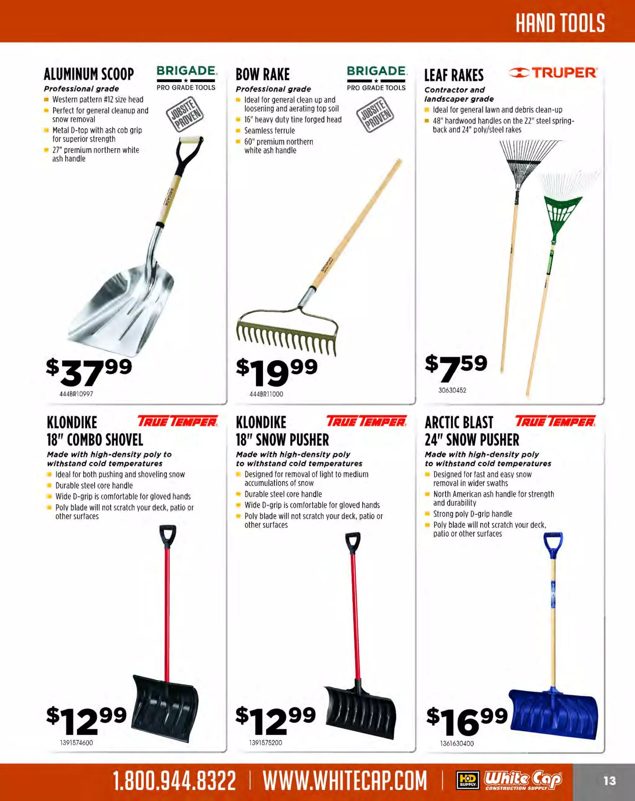 Experience Our MOBILE APP @ Booth BD2
ALSO VISIT OUR SAFETY BOOTH OUTSIDE OF CENTRAL HALL BY REGI STR ATION

...,.,ii!

~ WORLDoF

~ CONCRETE

THESE SPECIAL TRADER DEALS AVAILABLE ALL MONTH AT YOUR LOCAL BRANCH!

CONSTRUCTION
MARKING PAINT

H RUST-OLEUM
INDUSTRIAL B RANDS

4' MEASURING
WHEEL

rl. ~~~:r.~~·

400Series

Water-based marking
paint that features bold,
vivid lines

All steel heavy duty construction for durability
5-digit counter records up to 100,000 feet
4-foot circumference wheel or
accurate measurements on
rough terrain
Wheel stand to keep
wheel upright when
not in use

Easy, no mess inverted tip
Easy-to-see, bright
vivid markings
Non-clogging, one can
convenience
M more linear feet than
arks
the leading competitor
Dries fast

NYLON COATED KOmEl!)n.
STEEL TAPE
USADivision
MEASURE
Nylon coated long steel tape

Quick release crank handle
Versatile end hook
Lengths: 100', 200' and 300'

_

...........
.........

""'-·'*""~

YOUR CHOICE

PRODUCT NO.
761264692
761264696
761264702
761264694
761264695
761264699
761264700
761264693
761264697

DESCRIPTION
WHITE 200Z
SAFETY RED 20 OZ
FLUORESCENT PINK 20 OZ
CAUTION BLUE 20 OZ
HI VISIBILITY YELLOW 20 OZ
ORANGE200Z
GREEN 20 OZ
CONSTRUCTION CLEAR 20 OZ
FLUORESCENT ORANGE 20 OZ

PRODUCT NO.

CHALK REFILLS

s7ss

DESCRIPTION
5 LBS. BLUE
5 LBS. RED
5 LBS. BLACK
5 LBS. GLD ORANGE

S crank, durable to last longer,
teel
handle locks to prevent line tangles
N
ylon/polyester braided line,
2X increased durability, 150 ft.
of line - optimal for large jobs
2:1 gear ratio, rewinds 2X faster

IRWIN.
STRAIT-LINE.

100' STRAIT-LINE
SPEEDLINE
CHALK REEL
Retrieves chalk line J.SX faster
than a standard chalk reel

Handle clutch allows release of the
line without spinning the handle
Patented hook storage and door
locking mechanism reduces spills
and line tangles

173SPLIOO

The MOST KNOWLEDGEABLE PROS in construction supplies

800.944.8322 I Whitecap.com

STRAIT-LINE.

17364110

$849
1
732031311

IRWIN.

1 gear ratio
:1
Locking metal handle minimizes
tangles and allows reel to be
used as a plumb bob

1
73105B

Holds 14 oz. of chalk

PRICE

Heavy-duty case Is constructed
of durable aluminum alloy

YOUR CHOICE

150' LARGE CAPACITY
CHALK REEL

TAPEMEASURE OP REEL 300' $109.99
EN
N STEEL
C

100' STRAIT-LINE
ALUMINUM
CHALK REEL

High visibility chalk for
self-chalking line reels

PRODUCT NO.
173105B
173105R
173105BK
1731050R

TAPEMEASURE OPEN REEL 200' $69.99
NC SHH

109KOM300

109400

TAPEMEASURE OPEN REEL 100'
$42.99
NCSTEEL

109KOM200

s12999

DESCRIPTION

109KOM100

IRWIN.
STRAIT-LINE.

 