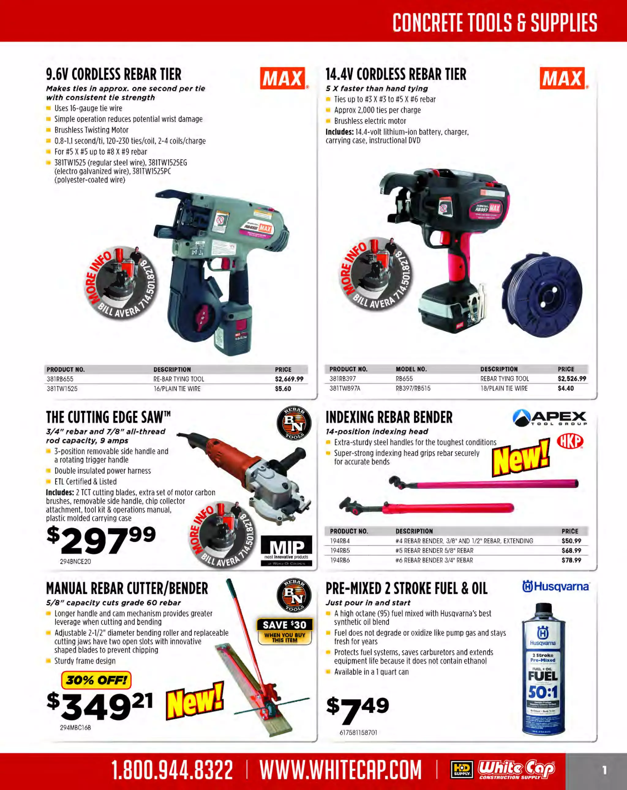 Experience Our MOBILE APP @ Booth BD2
ALSO VISIT OUR SAFETY BOOTH OUTSIDE OF CENTRAL HALL BY REGI STR ATION

...,.,ii!

~ WORLDoF

~ CONCRETE

THESE SPECIAL TRADER DEALS AVAILABLE ALL MONTH AT YOUR LOCAL BRANCH!

M18™ HAMMER
DRILL DRIVER/IMPACT
DRIVER COMBO KIT

FREE FLOOD LIGHT~

FREE REC/P SAW
M18™ FUEL™ HAMMER DRILL/
WITH PURCHASE!
DRIVER AND IMPACT COMBO KIT

MIL0114FREE100

Features a POWERSTATE'" brushless motor

WITH PURCHASE!

~

131236120

M18'" FUEL'" 1/2" Hammer Drill/Driver: Torque: up to
725 in-lbs of peak torque
M18'" FUEL'" 1/4" Hex Impact Driver: Torque: 1600 in-lbs
of torque, proprietary 3-MODE DRIVE CONTROL"
Includes: (2) REDLITHIUMXC4.0 battery packs,
M12'"/M18'" multi-voltage charger, side handle,
belt clip, carrying case

M18" 1/2" Hammer-Drill Driver: Torque: 550 in.lbs. peak, RPM: 0-550/0-1,700, BPM: 0-29,000
M18" 1/4" Hex Compact Impact Driver:
Torque: 1,400 in.-lbs., RPM: 0-2,200,
IPM: 0-3,200
Includes: (2) M18" XC high capacity
REDLITHIUM'" lithium-ion batteries,
1-hour charger, contractor bag

-l!!lt
MIL0114FREE 130

s29999 ~
131279722

131269722

1J1ibV~

M18™ 1/4" HEX COMPACT
IMPACT DRIVER

M18™ 7/8" SOS-PLUS
ROTARY HAMMER KIT

2,200 rpm, J,200 /pm, 1,400 in.-lbs. torque

1.8 ft.-lbs. Impact energy, 0-1,400 rpm, 0-4, 800 bpm .._ 1

Quick Change Chuck
4-Pole frameless motor
Battery Fuel Gauge displays remaining run-time
Built-in LED light
Variable Speed Trigger
Includes: (2) M18'" XC High Capacity REDLITHIUM'"
batteries, 1-hour charger, carrying case

3-mode operation
Mechanical clutch
AVS- anti vibration system
MIL0114FREE200
Variable position chisel stop
Includes: (2) M18'" XC REDLITHIUM"
high capacity batteries, 1-hour charger,
side handle, depth rod, carrying case

~

FREE HTZ HAHHERVAC!
131230622

131260522

131265022

LXT™ LITHIUM-ION BRUSHLESS
CORDLESS 2-PC COMBO KIT
Efficient BL'" Brushless motor is electronically
controlled to optimize battery energy use for up to
50% longer run time per charge

,,,J!tWhi
~L

MCiTC>ii

Variable 2-speed 1/2" Hammer DriverDrill XPH06z (0-1,550 RPM) with Brushless
Motor delivers 530 in.lbs. of Max Torque
Variable speed Impact Driver LXDT08z
(0-2,500 RPM & 0-3,200 IPM) provides
1,420 in.lbs. of max torque and weighs 3.4 lbs

140XT248

18V LXT" LI-ION CORDLESS
2-PIECE COMBO KIT
LXT 2-Speed 1/2" Hammer Driver-Drill (LXPH03)
0-400 & 0-2,000 rpm, with Makita-built 4-pole motor
delivers 750 in.-lbs. of Max. Torque (5.1' lbs.)
LXT Variable Speed Impact Driver (LXDT04)
0-2,300 rpm, provides 1,420 in.-lbs.
of Max Torque and weighs only 3.3 lbs.
Includes: (2) 18V LXTLithium-ion battery,
(1) 30-minute rapid optimum charger,
tool case

s31999[l:!E
~

M12™ HAMMERVAC™ UNIVERSAL
DUST EXTRACTOR
Industry's only universal dust extractor

Universal H
andle System is compatible
otary Hammers ~
with most SDS Plus R
and some AC & DC Hammer Drills
Self-Powered with no cords or
•
hoses for maximum portability
Replaceable HEPA Filter
Lightweight at 3.3 lbs.
W PURCHASE
ITH

FREE/

s33999
{}Ill

140LXT218

~l

131230622

r11hfMfi

+

18V LXT™ LI-ION 7 SOS-PLUS
/8"
ROTARY HAMMER
1.9 Jules Impact energy, 0-1, 100 rpm, 0-4,000 bpm

Synchronized rpm and bpm

rnr'E iutt•CT ,,,, .,r'R
1

3-mode operat_ion: "rot_ation only'',
"hammering with rotation"
nrr:1 1nr11 u1r. rr:1
or "hammering on~r_ .
W
/PURCHASE! (bare tool)
Includes: (2) 18V LXTT Llth1um-lon
@.. K0114FREE100
A
140LXDT04Z
batteries, (1) 30-minute rapid optimum
charger, contractor bag, side handle

PRODUC NO. DESCRIPTION
T
PRICE
140BHR241
18V 7/8" LXT SOS ROTARY HAMMER KIT $439.99
140LXDT04Z 18V IMPACT DRIVER·TOOL ONLY
$99.99

The MOST KNOWLEDGEABLE PROS in construction supplies

800.944.8322 I Whitecap.com

OF HILWAUKEE
HIB"'SDS
ROTARY HAHHEH!
131260522
MIL0114FREE200

 