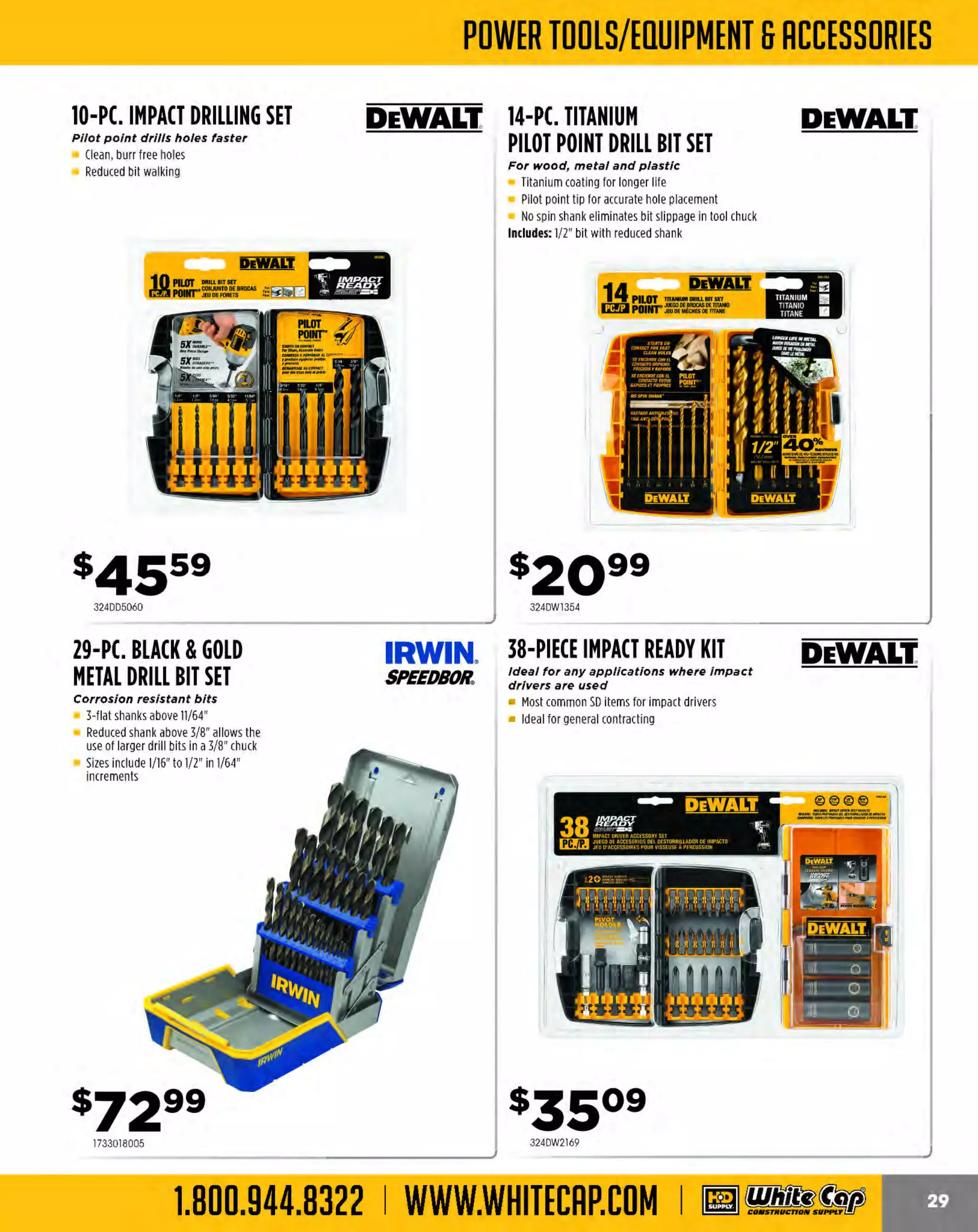 Experience Our MOBILE APP @ Booth BD2
ALSO VISIT OUR SAFETY BOOTH OUTSIDE OF CENTRAL HALL BY REGISTRATION

...,.,ii!

~ WORLDoF

~ CONCRETE

THESE SPECIAL TRADER DEALS AVAILABLE ALL MONTH AT YOUR LOCAL BRANCH!

XTRALITE"FINISHING
TROWELS

POOL TROWELS
MARSHAUTOWN
The Premied.ine

With DuraSoft• Handle

Highest grade high carbon spring steel blade
Aluminum mounting
Diamond shank design
Hardened steel rivets are used to attach the blade
to the mounting
Milled post and post strength
Large toe rivet

PRODUCT NO.
103MXS56D
103MXS57D
103MXS60D
103M
XS62D
103MXS64D
103MXS66D
103MXS81D
103MXS20D
103MXS205D

SIZE
14" X3"
1 x3"
6"
12" x 4"
14" x4"
1 x4"
6"
18" x4"
20" X4"
20" x5"

PRICE
$34.39
$37.89
$41.69
$35.09
$37.99
$41.99
$45.49
$47.89
$48.19

POOL TROWEL

Made from the highest grade
spring steel, properly shaped
& tempered

Available in wood or
soft handle

MAUKAUJOWN
Th•Prem;erline

DESCRIPTION
10" X3" W SOFT HDL
/
14" X4" W SOFT HDL
/
16" X4" W SOFT HDL
/

PRICE
$34.99
$37.69
$41.59

MIDGET TROWELS
8"xJ"
Highest grade hardened and tempered
spring steel blade, properly shaped
Aluminum alloy X
tralite' mounting
Hardwood or DuraSoft' handle

PRODUCT NO.
444BR121
50
444BR12151
444BR121
53
444BR 55
121
444BRl21
56
444BRl21
59
444BRl21
60

12" HORSEHAIR CURB
FINISHING BRUSH

BRIGADE.

-*PRO GRADE TOOLS

Soft horsehair staple set in a clear lacquered hardwood block
Two rows of soft horsehair make this an ideal brush for applying
a fine brush finish on small area concrete jobs

-*-

444BR11921

DESCRIPTION
WOO HANDLE
D
SOFT HANDLE

Black Polypropylene staple set in a clear lacquered
hardwood block with one threaded handle hole and
hang up hole

The MOST KNOWLEDGEABLE PROS in construction supplies

800.944.8322 I Whitecap.com

PRO G RADE TOOLS

BLACK FINISHING BRUSH

PRODUCT NO.
444BR11925
444BR11926
444BR11927

PRICE
$26.59
$29.79
$28.79
$32.09
$32.19
$35.39
$37.39

BRIGADE.

8"xJ"

PRODUCT NO.
444BR11791
444BRl1790

P RO GRAD E TOOLS

DESCRIPTION
10" X 3" WOOD HDL
10" X 3" SOFT HDL
14" X4" WOODHDL
1 X4" SOFT HDL
4"
1 X4" WOO HDL
6"
D
1 X 4" SOFT HDL
6"
20" X5' WOOD HDL

MIDGET TROWELS

10311

-*-

Blades are flexible enough to bend
to almost any radius
Round ends for a smooth finish
Short aluminum mounting

Blades are flexible enough to bend to
almost any radius
Stands up under the rough treatment of
finishing gunite and shot mixes
Short aluminum alloy mounting

PRODUCT NO.
103SP10SD
103SP14SD
103SP16SD

BRIGADE.

SIZE
24"
36"
48"

PRICE
$24.29
$27.39

BRIGADE.

- *-

PRO GRAD E TOOLS

PRICE
$16.99
$25.79
$37.69

 