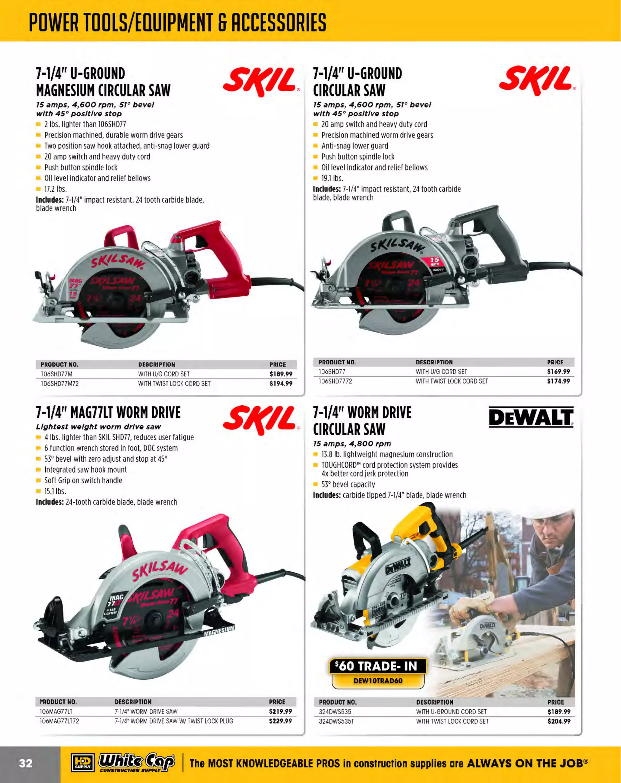 ~

Visit White Cap's WOC Branch @ Booth C4355

...... CONCRETE

FREE BACKPACK • SHOW SPECIALS • PRIZES • GIV EAWAYS*

~ WORLDoF

THESE SPECIAL TRADER DEALS AVAILABLE ALL MONTH AT YOUR LOCAL BRANCH!

4200 GASte)Husqvarna· BANNER
POWERED SAW
LINE" BLADES

(Blue 300B) cuts soft to medium-soft aggregate
(Black 500B-R) has an extra long life when cutting
abrasive asphalt

1" max. depth of cut, 22-hp engine
Switch activated electronic adjustable handles
Master switch control panel
Electronic remote key start and choke
Switch-activated blade depth
•
__
control and retractable guide
· · · ·

Mechanical depth gau e ~: J.iy-__ 
r £P~
Rear lighting system
~'ef
--

1 . ~~ -l

®Husqvarna·

:- -' .f

234GX4200

6·5/ 8" cut depth, 11 hp, easy to
transport and lift

The FS400 is a productive saw with excellent
weight distribution and stability
The adjustable and
-~~.,.,._low-vibration handlebar
increases operator comfort ._..~iiilll...
Poly-V belt gives
optimum power
transmission to the blade
Handwheel can be folded
to avoid breakage

,

$166~,s~f

FS 400
te)Husqvarna·
18" CONCRETE
WALK BEHIND FLOOR SAW

PRODUCT NO.
617542751075
617542751036

SIZE
14"
18'

DESCRIPTION
PRICE
WET ASPHALT
$299.99
WET GE
NERAL PURPOSE $309.99

617FS400LV

A FULL LINE OF HUSQVARNA SAWS ARE AVAILABLE FOR ANY APPLICATION

®Husqvarna· FS 4800 D26" ®Husqvarna·
FS 520 20"
®Husqvarna· FS 6600 D
26" CONCRETE
CONCRETE DIESEL FLOOR SAW
CONCRETE WALK BEHIND
48 hp, professional and very versatile floor saw
WALK BEHIND FLAT SAW
FLOOR SAW
for mid-size jobs
20.8 hp, Max cutting depth: 196 mm / 7.625"

Patented engine and bladeshaft mounting
system reduce vibrations for better performa nee
Patented lntelliSeal bladeshaft system allows for
a minimum of 250 maintenance-free hours
Raise/lower

assist system
Innovative series of
self-propelled small flat
saws with blade
capacities of 20 inches

10.5" cut depth, 60 hp, diesel powered

The FS6600D is one of the most powerful flat
saws In its range
John Deere 4-cylinder turbo charged diesel engine
is rated at 66 HP(Max power)

Adjustable handles to allow for a comfortable
working position
Bladeshaft tachometer helps operator identify
correct bladeshaft rpm for selected blade size
Patented power transmission
system transmits more
power to the bladeshaft
with optimum torque

CALL FOR PRICE

134FS52020

680GC12"
CONCRETE
CUTOFF SAW

617965165207

I t!fJJ

76.5cc 2-stroke engine delivers 5 hp @ 9, 500 rpm

Cuts concrete masonry, and stone up to 12" deep
,
Comes with general-purpose T
winMAX diamond chain
Utilizes 25:1 fuel to oil mixture to properly lubricate
the engine under demanding workload
Weighs 24 lb.
with bar
and chain

PRODUCT NO. DESCRIPTION
48271400
1 TWINMAX (29 SEG) C
2"
HAIN

695GC16"
CONCRETE
CUTOFF SAW
94cc 2-stroke engine delivers 6.4 hp @ 9, 000 rp

Cuts concrete, masonry, and stone up to 16" deep
Comes with general-purpose TwinMAX diamond chain
Utilizes 25:1 fuel to oil mixture to properly lubricate
the engine under
demanding workload
Weighs 24 lb. with
bar and chain

695GC CONCRETE
CUTOFF SAW
94cc 2-stroke engine
delivers 6.4 hp @ 9,000 rpm

Comes with general-purpose TwinMAX
diamond chain
Utilizes 25:1fuel to oil mixture to properly lubricate
the engine under
demanding
workload

PRICE
$370.99

~ (U/h~~

The MOST KNOWLEDGEABLE PROS in construction supp lies

~ coNsTRucnoNs~·wHiLE s u PPuEs LAST

800.944.8322

I Whitecap.com

 