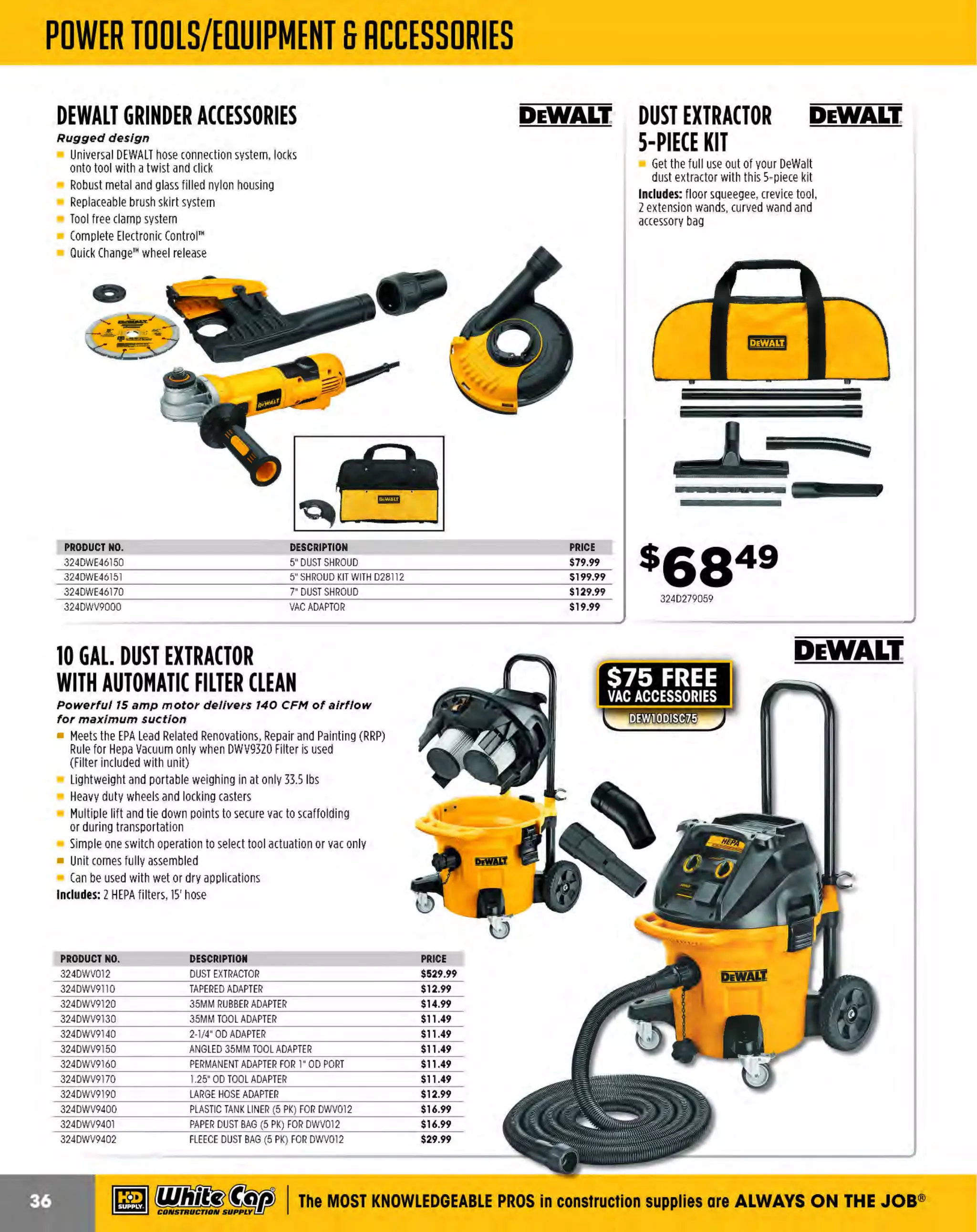 ~

Visit White Cap's WOC Branch @ Booth C4355

...... CONCRETE

FREE BACKPACK • SHOW SPECIALS • PRIZES • GIV EAWAYS*

~ WORLDoF

THESE SPECIAL TRADER DEALS AVAILABLE ALL MONTH AT YOUR LOCAL BRANCH!

10" OMS 240 CORE DRILL RIG
1,500 watts I 20 amp motor with a two-speed
carriage gearbox and electric overload protection

Perfect for drilling reinforced concrete, bricks and
other building material for ventilation and plumbing
channels, waste evacuation pipes, barriers
and road signs
Equipped with stabilizing guide rollers for accurate
drilling as well as cleaner, straighter holes
The stand can be tilted from 0 to 60. for angle drilling
Two-speed carriage gearbox lets you choose
crank speed for optimal performance, depending
on application
Drill holes up to 10" in diameter
24" drilling stroke

PRODUCT NO.

-

PROOUCTNO.
617542786797
617542786799
617542786801
617542786804
617542786806
617542786808
617542786810
617542786811
617542786813
617542786814
617542786816
617542786819

10 IN. O 240 CORE RIG
MS
VACUUM PUMP WITH FITTINGS

CORE BORE WEKA
DK12 HAND-HELD DRILL

~RE
B~RE

14 amp, 110 volts

ml Husqvarna·

PRICE
$63.93
$100.60
$93.09
$108.10
$130.71
$149.52
$169.19
$184.29
$216.21
$225.62
$272.64
$357.19

1-1/4"
1-1/ 2"
2"
2-1/2"
3"
3-1/2"
4"
4-1/2"
5"
6"
8"

~RE
B~RE

CORE BORE M-1 CORE DRILL RIG
Available as a complete unit or build-your-own
with different component options

Build your own! You can choose from these different motors,
- Core Bore Motor, 20 amp, 2-speed, - Milwaukee motor
20 amp 2 speed, - CB700 motor, 20 amp 2 speed
2-1/2" square column w/ black oxidized finish
6" wheels for easy mobility
Dual switch/outlet control panel with amp meter
(except for CB700 models with LED amp meter)
Vacuum pump for quick mounting
4 leveling screws on the base
Up to 14" bit capacity with one spacer block
Core Bore Motor
20 amps
400/930 rpm
14" capacity
Milwaukee Motor

3-speed, 580/1,400/2,900 rpm
Reversible slide handle - left or right side drilling
Thermal overload
Up to 3" hand held, up to 6" in optional M4 drill stand
Weighs 25 lbs.
Includes: carrying case and both 1-1/4-07
threaded spindle and 5/8-11 threaded
spindled adapter for smaller diameter bits

PRODUCT NO.
2244245055
22430076
22430062
22401806
2244243000
2244244075

s1429 99
1074244017

~ (U/h~~

PROFESSIONAL®8635MEDIUM DIAMOND CORE BITS
Good balance of speed and life while drilling
medium-hard to soft concrete with or without
steel reinforcing

DESCRIPTION

617DMS240
617541400078

ml Husqvarna·

DESCRIPTION
M COMBO W AMPCORE BORE MOTOR
-1
/20
M-1 COMBO W CB700 MO
/
TOR
CB7 MOTOR
00
M-1 ANCHOR DRILL STAND
M METER BOX
-1
VACUUM PUMP

PRICE
$2,419.99
$2,299.99
$1,018.99
$649.99
$259.99
$329.99

The MOST KNOWLEDGEABLE PROS in construction supp lies

~ coNsTRucnoNs~·wHiLE suPPuEs LAST

800.944.8322

I Whitecap.com

 