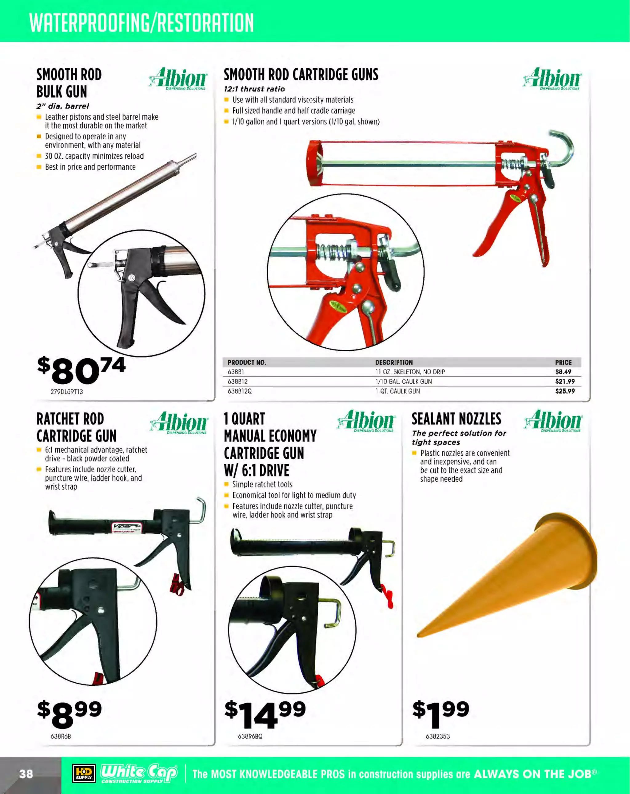 ~

Visit White Cap's WOC Branch @ Booth C4355

...... CONCRETE

FREE BACKPACK • SHOW SPECIALS • PRIZES • GIV EAWAYS*

~ WORLDoF

THESE SPECIAL TRADER DEALS AVAILABLE ALL MONTH AT YOUR LOCAL BRANCH!

FASTBACK™ II FLIP
UTILITY KNIFE WITH
MAGNETIC STORAGE
Press-and-flip operation

Holds one extra blade inside the handle
Permits one-handed opening
Allows quick cuts without opening the
blade Wire stripper
Cuts up to 10-gauge wire

10IN1 ECX™
MULTI BIT DRIVER

11 IN 1MULTI-TIP
SCREWDRIVER

Chrome Plated Bits - Marine Grade
Rust Protection

Superior fit in specialty screws

ECX" bit for multi-purpose screws
2
Wire stripper - strip up to 1 gauge wire
Wire bending hole bend up to 1 gauge wire
2
9 Bit types - carry fewer drivers

3-1/2" Power Groove Bits
Revolver style bit storage and selection
Up to 10ga Wire Stripper and Loop Maker
Magnetic bit retention
Wrench R
eady" HEX shanks deliver
additional leverage

$],g994-LB. ENGINEER
HAMMER

Jacksan. I

16" lacquered hickory handle

WOOD HANDLE ::::: TRUPER.
SLEDGE HAMMER
J6 in. hickory handle

For driving and removing stakes and for
general demolition work
Forged steel head with chamfered edges
for added durability and dependability
Proudly made in the U.S.A.
PRODUCT NO.
139SH06
139SH08
139SH10
139SH12
139SH16

139SH04

VAUGHAN

WEIGHT
6 LBS.
8 LBS.
10 LBS.
12 LBS.
16 LBS.

LENGTH
36 IN.
36 IN.
36 IN.
36 IN.
36 IN.

Drop-forged high carbon
steel head
Includes overstrike protection

PRICE
$30.79
$34.19
$39.39
$45.49
$64.99

PRODUCT NO.
30630918
30650919
30630920
30630922

DESCRIPTION
8 LBS.
10 LBS.
12 LBS.
1 LBS.
6

PRICE
$24.99
$33.99
$39.49
$49.99

PRY BARS
Ideal for prying forms and other embedded objects

Forged solid steel construction

Specifically designed for tear downs,
tear outs and concrete form work
Ideal hammer for traditional framing
Patented Short Stack'" reinforced claws
increase strength for prying
Sidewinder'" nail puller provides extra
leverage for removing nails

Give enough leverage for even the toughest jobs
Powder coated finish

PRODUCT NO.
10314956
10316595
10310453

149V5

60" SAN ANGELO
DIGGING BAR

Jac~~!!L. I

DOUBLE FACE
SLEDGE HAMMER
J6" lacquered hickory handle

Ideal for driving stakes and rods
into hard surfaces
Forged steel head with
chamfered edges
Proudly made in the U.S.A.

FORMING
HAMMER

13148222113

Jacksan I

Dropped-forged, heat treated
carbon steel

Great for clearing rocks and roots
from post holes and ditches
14 lb.

~ (U/h~~

The Premie r Line

DESCRIPTION
56" MONSTER PRY BAR
46" LITTLE MONSTER PRY BAR
OPEN ANGLE 56" MONSTER PRY BAR

COLOR
R
ED
GRAY
BLUE

PRIC
E
$50.99
$102.99
$79.99

BRIGADE.

WHEELBARROWS
Professional grade

6 cu. ft. steel tray with rolled edge for more tray strength
ront
F tray braces for added support
H
eavy duty under carriage to handle heavier loads
Bolted back brace to provide increased leg strength
Large hardwood handles for added control and strength
Steel leg stabilizers for tip resistance
16" flat free tire in knobby or ribbed tread
Bearings are pre-packed to eliminate greasing
YOUR CHOICE

13930664

MARSHALLTOWN

PRODUCT NO.
444BR11001
444BR11002

DES
CRIPTION
KNOBBY TIRE
RIBBED TIRE

$9 8 99

The MOST KNOWLEDGEABLE PROS in construction supplies

~ coNsTRucnoNs~·wHiLE suPPuEs LAST

800.944.8322

I Whitecap.com

 