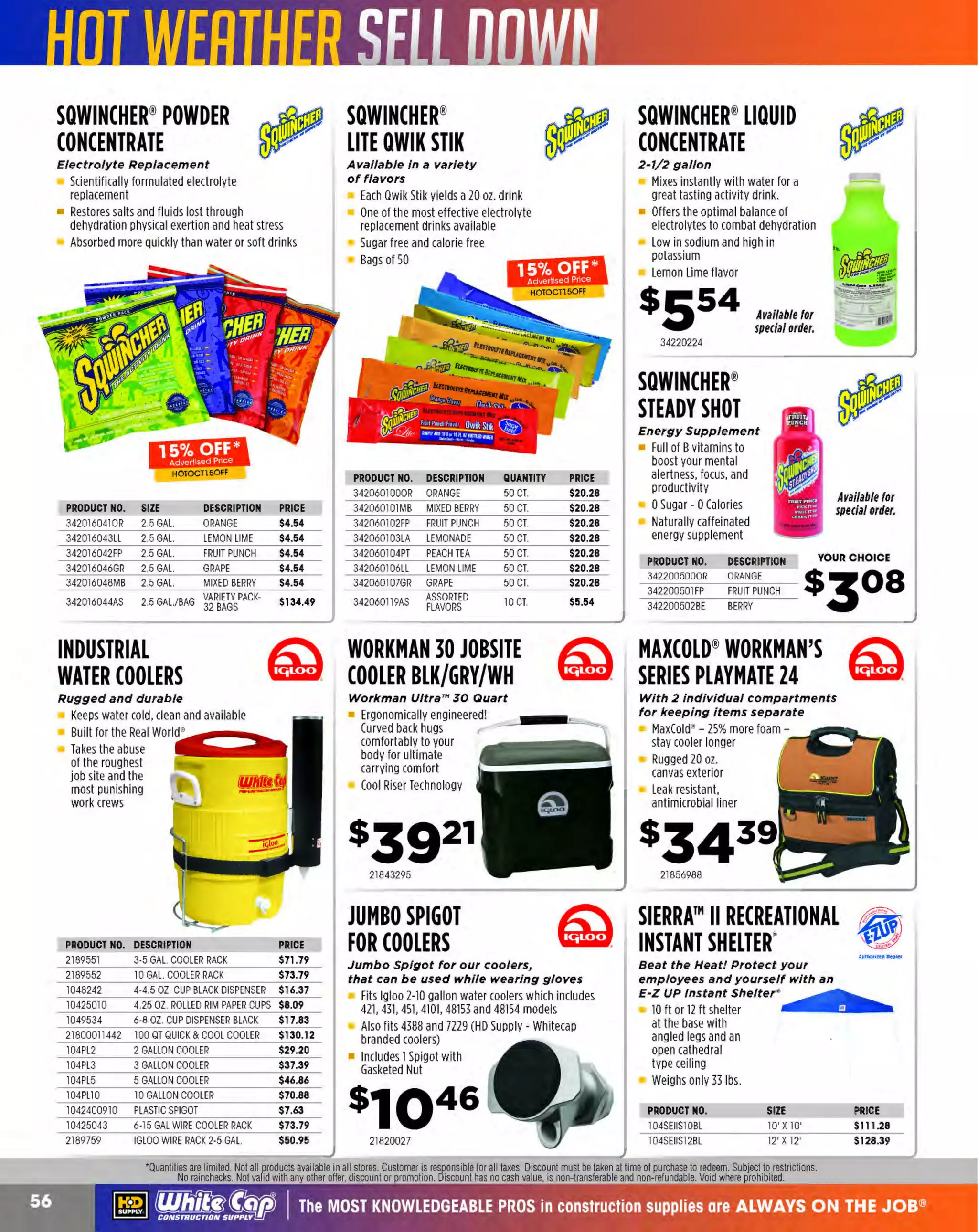 ~

Visit White Cap's WOC Branch @ Booth C4355

...... CONCRETE

FREE BACKPACK • SHOW SPECIALS • PRIZES • GI V EAW AYS*

~ WORLDoF

THESE SPECIAL TRADER DEALS AVAILABLE ALL MONTH AT YOUR LOCAL BRANCH!

BLUE PLASTIC TARPS

BRIGADE. RUBBERSTRAP

Perfect for protecting cement, or other bagged
products, from the elements
Made to last with metal grommets at tie points

PRO GRADE TOOLS

PRODUCT NO.

SIZE

104TARP810
104TARP1016
104TARP1020
104TARP1216
104TARP1620
104TARP1824

8'
10'
10'
12'
16'
18'

x10'
x16'
x20'
x16'
x20'
x24'

PRICE
$7.24
$12.45
$15.52
$13.48
$20.73
$32.08

--• *

104TARP2030
104TARP2040
104TARP3040
104TARP4060
104TARP50100

20'
20'
30'
40'
50'

x30'
x40'
x40'
x60'
x100'

PRICE
$24.82
$51.51
$61.56
$77.55
$156.79
$286.99

Flat molded rubber straps with "S" hooks
Made of the best quality rubber, with hooks
attached

PRODUCT NO.
104R715V
104R722V
104R731V

22"
31"

PRICE
$3.63
$4.09
$5.00

RJD INDUSTRIES, INC.

+

FIBERGLASS FORM-TIE SYSTEMS

NO BREAKBACK NEEDED

+

The Light SuperTie System offers an ultimate
te nsile strength of 6,000 pounds (3,000 pounds
safe working load at 2:1 safety factor), and is
most commonly used with job-bu/If (plywood
and 2 by 4) form s and hand-se t modular forms.

NO MORE PLUGGING
AND PATCHING

+ CANNOT RUST
. .• .• EASY TO USE
+

The fiberglass rod diameter is only .308 inc hes,
making the s ystem compatible with most
comme rcial forming syste ms.

"SuperTie is faster! You save time and
money. Far better than snap tie, inner
rod and shebolt systems that our
company previously used.,,

+

BK, 1 5K and 50K Systems Available

RJD FIBERGLRSS FORMTIE SYSTEMS RRE RVRILRBLE RT 1.800.944.8322 I WWW.WHITECRP.COM
~ (U/h~~

The MOST KNOWLEDGEABLE PROS in construction supplies

~ coNsTRucnoNs~·wHiLE suPPuEs LAST

800.944.8322

I Whitecap.com

 