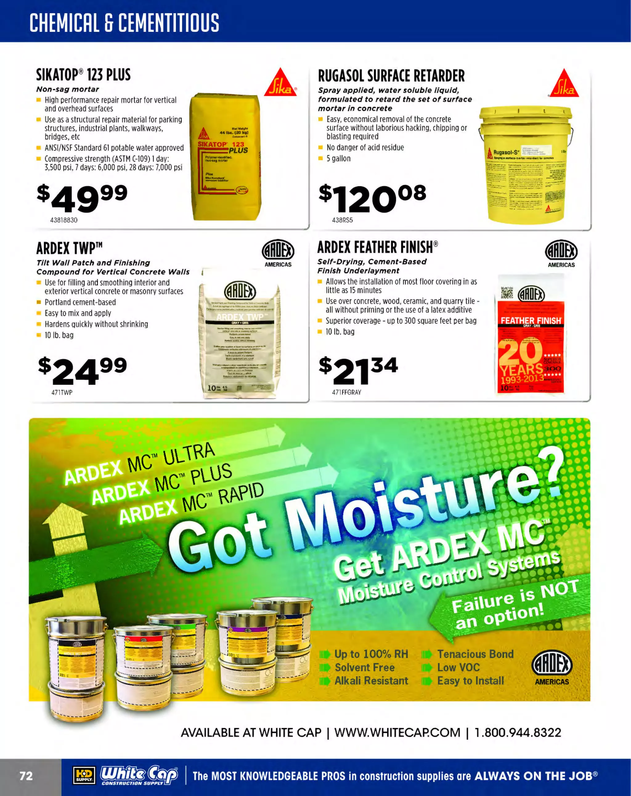~

Visit White Cap's WOC Branch @ Booth C4355

...... CONCRETE

FREE BACKPACK • SHOW SPECIALS • PRIZES • GIV EAWAYS*

~ WORLDoF

THESE SPECIAL TRADER DEALS AVAILABLE ALL MONTH AT YOUR LOCAL BRANCH!

WHITE COTTON RAGS

12PK WHITE COTTON TOWEL

30" PEDESTAL FAN

Ideal f or heavy Industrial use
where white Is needed

Approximate Size 16 x 19

1/4 hp, 120V, 2.7 amp motor

Heavy duty cleaning, dusting & polishing cloth
Undyed, bleached white
No color transfer
Absorbent
Low lint

Medium and heavy weight cotton
and cotton blend material from
pants and similar heavy clothing
25 lb. bundle

2 speed motor
7
,900 elm at high speed and
6,000 cfm at low
1 long SJT type 3 conductor cord
2'
ETL listed


PRODUCT NO.
312228W25
312228W50

DESCRIPTION
25 LBS.
50 LBS.

PRICE
$45.47
$81.83

FAN-FORCED MILKHOUSE HEATER
5,120 Btu/hr., 1500/1100 watts

Lightweight
Comes with a temperature control thermostat
Safety system includes a tip over switch, automatic
reset limit control and thermal cutoff device
Two temperature settings and fan only mode
Comes with 6' cord
Dimensions 10" x 16" x 9-1/2"
U.L. listed

312610W12

235ACU30P

~
- --·

..

COMBINATION RADIANT
AND FAN-FORCED HEATER
5, 120 Btu/hr.

Comes with a temperature control thermostat
Safety system includes a tip over switch and
manual reset limit control
Three temperature settings - 1
500/ 900/ 600
Comes with 6' cord
Dimensions 11" x15" x 1
2"
U.L. listed

sa199
235188TASA

235198TMC

TRU BUILT
~TRUPER' LONG HANDLE
l:JnionToo/s RAZOR-BACK
OPEN-BACK SHOVELS
SHOVELS
OPEN-BACK SHOVEL

0

48" northern white ash handle

I

PRODUCT NO.
30633464
30633465

48" sturdy, lacquered North American
ash handle for long life
Industrial gauge open-back blade
Rolled step prevents material buildup
11'' extended tab socket with dual rivets
reduces handle breakage

Professional grade

Good for digging and transferring
sand, gravel and light soils
16 ga, rolled step steel blade to
prevent material build-up
Full size #2 blade, powder coated
for better protection against rust
and corrosion
S
ingle rivet blade to
handle connection

Good for transferring or digging in
sandy, light soils
Forward turned step for stability
and comfort
48" white ash handle for strength
Industrial gauge steel

I

ill1ZORBITC7C

I

DESCRIPTION
ROUND POINT
S
QUARE POINT

PRICE
$9.49
$9.49

~ (U/h~~

PRODUCT NO.
13940184
13940191

DESCRIPTION
SQUARE POINT
ROUND POINT

PRICE
$13.69
$13.69

PRODUCT NO.
13944101
13945519

DESCRIPTION
ROLLED STEP - SQUARE POINT
ROLLED S - ROUND POINT
TEP

PRICE
$31.59
$31.59

The MOST KNOWLEDGEABLE PROS in construction supp lies

~ coNsTRucnoNs~·wHiLE s u PPuEs LAST

800.944.8322

I Whitecap.com

 
