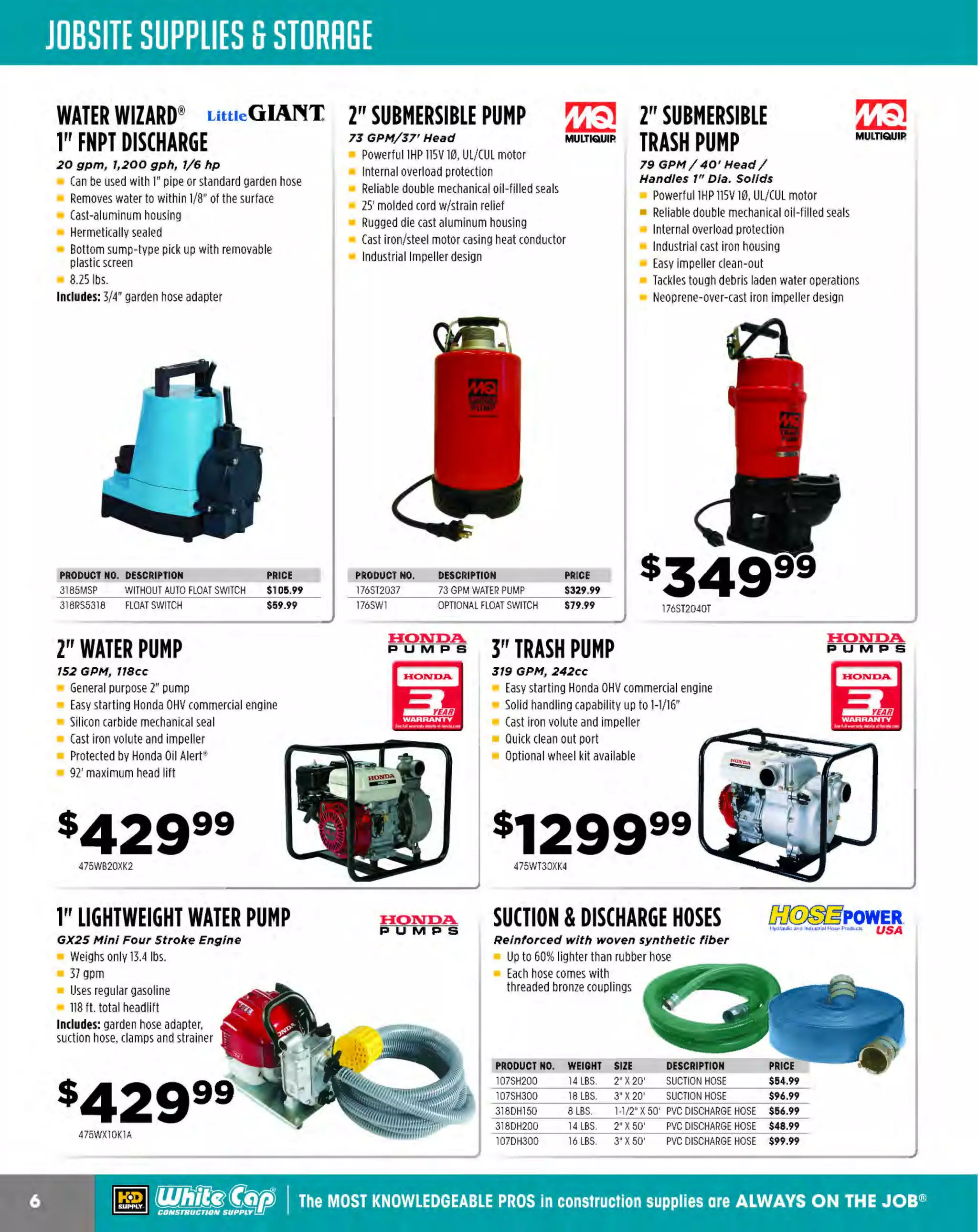 ~

Visit White Cap's WOC Branch @ Booth C4355

...... CONCRETE

FREE BACKPACK • SHOW SPECIALS • PRIZES • GIV EAWAYS*

~ WORLDoF

THESE SPECIAL TRADER DEALS AVAILABLE ALL MONTH AT YOUR LOCAL BRANCH!

~ BOSCH

4-1/2"

~

4-1/2"

BOSCH 7" ELECTRONIC

ANGLE GRINDER

ANGLE GRINDER
Robust 8.5 amp H,500 RPM motorpower

Two-position vibration control handle
reduces vibration
Directed air flow diverts dust away from switch
and vital components to extend tool life
Ergonomic housing increases comfort and
control for extended usage

ANGLE GRINDER

6 amps, 11,000 rpm

Electronic speed control maintains
constant speed under load

Lock-on/off switch
Sealed switch keeps debris out
Service-minder'" brushes
S
/8"-11 spindle, spindle lock
Tool-free adjustable guard
2-position auxiliary handle
Double-insulated, UL-listed,
complies to OSHA
Includes: Guard, auxiliary
•
,
handle, flange kit,
"'
-'
spanner wrench,
abrasive wheel

Powerful 1 AMP motor for high output
5.0
power in a more compact tool (only 7.5 lbs.)
6,000 RPM for fast material removal and
high production efficiency
Labyrinth construction seals and protects
the motor and bearings from dust and debris
for longer tool life

1621375A

162AG40BSP

140GA7011C

6" CUT-OFF

4-1/2"

4-1/2"

ANGLE GRINDER

ANGLE GRINDER

Powerful 12.0 AMP motor delivers
9,000RPM

Powerful 10. 0 amp motor delivers
more output and 10,500 rpm

PADDLE SWITCH
ANGLE GRINDER

Super Joint System (SJS) helps
prevent motor and gear damage.
variable speed control dial enables user to
match the speed to the application
Constant speed control automatically applies
additional power to the motor to
maintain speed under load

1409566CV

-

-=-

Super Joint System' (SJS) technology
helps prevent motor and gear damage
Large flush-mount paddle switch with lock-off
"Tool-less" wheel guard adjustment
Spiral bevel gears for smoother rotations
and a more efficient transfer of energy

1409564P

7" 4.7 HP

ANGLE GRINDER

DEWALT. 9" HIGH

15 amps @4.7 HP (maximum mot or HP)
8,500rpm

Dust Ejection System" protects the motor from
damaging particles entering air intake
Anti-Vibe Trigger Handle reduces user fatig ue
Lightweight design (11.6 lbs.)

$10 INSTANT REBATE
I DEWD1141R10

7.5 amps, 10, 000 rpm, AC/ DC motor

DEWALT. HEAVY-DUTY LG DEWALT.
ANGLE GRINDER

15 amps, 5,000 rpm, AC/ DC

15 amps @ 120 volts, 8, 500 rpm

Epoxy coated field and armature
Automatic turn-off brushes shut down tool when
brushes need to be changed to avoid tool damage

$10 INSTANT REBATE

High power 4-hp motor with overload protection
2 wire double insulated 'S' jacket rubber cord
Keyless adjustable guard
Low profile gearcase allows for work in tight areas
Automatic turn-off brushes

7>,~ J
_, ~

a.........~
~ ' ~~ -

$10 INSTANT REBATE
f

PRICE BEFORE REBATE

s19999

PRICE BEFORE

324DWE4557

~ (U/h~~

~

-

Labyrinth construction seals and protects
from dust and debris
All ball bearing design and metal gear housing
Includes: Aluminum case, 4- 4-1/2" grinding
wheels, diamond wheel

1409557PBXI

PERFORMANCE
ANGLE GRINDER

DEW01141R10

,,,J!fM'fi

324DWE4519

DEWOll 41Rl 0

REBA~ 2 0
324D28499X

9 99

The MOST KNOWLEDGEABLE PROS in construc~ion supp lies

coNsTRucnoNsd·wH1LE suPPuEs LAST

800.944.8322

I Whitecap.com

 