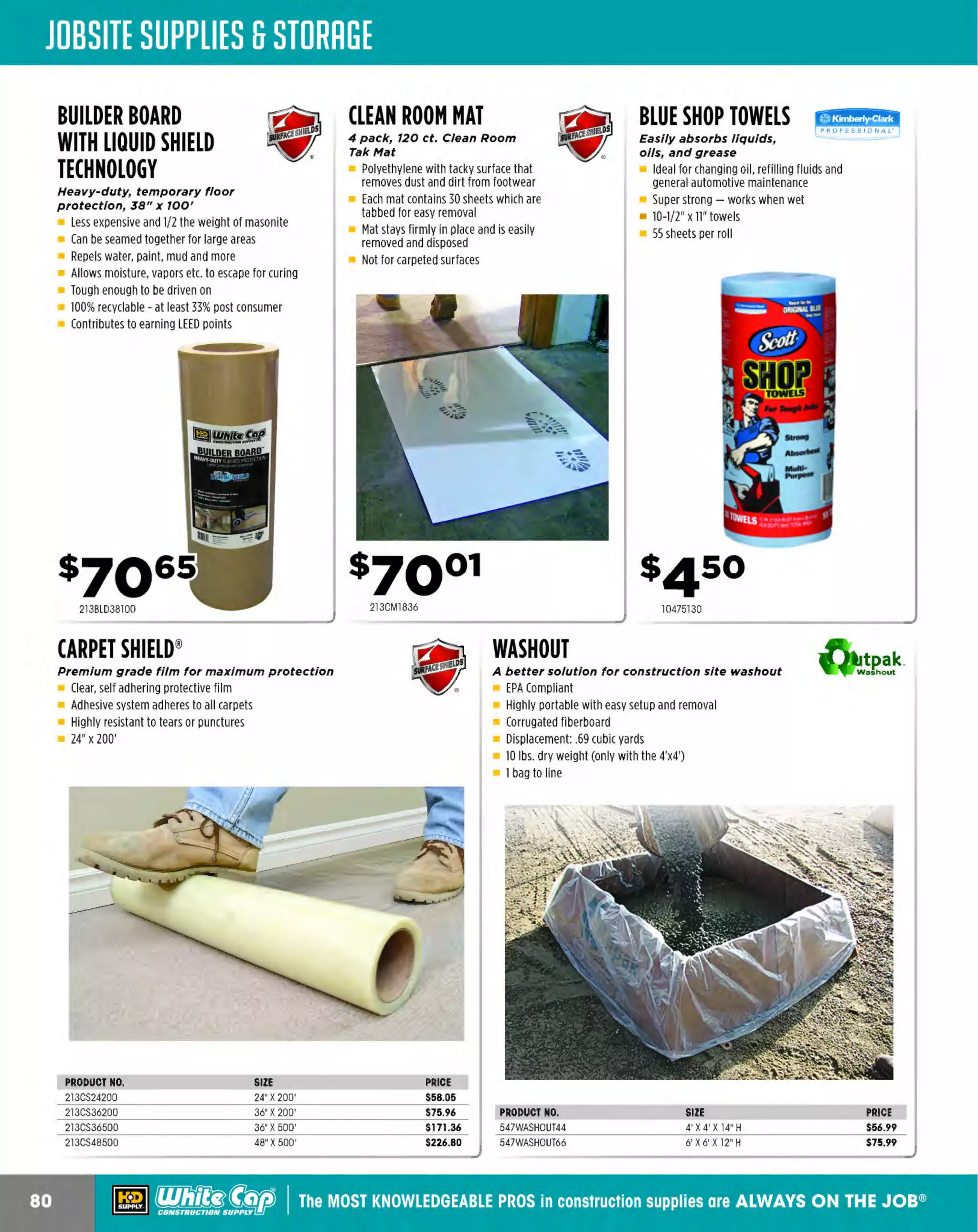 ~

Visit White Cap's WOC Branch @ Booth C4355

...... CONCRETE

FREE BACKPACK • SHOW SPECIALS • PRIZES • GIV EAWAYS*

~ WORLDoF

THESE SPECIAL TRADER DEALS AVAILABLE ALL MONTH AT YOUR LOCAL BRANCH!

PROFESSIONAL
FOAM SEALANT

GUN FOAM II
SEALANT

Concrete block filling

Fire blocking foam

Insulation for piping and
plumbing fixtures
Sealant for air ducts, vents
and air conditioning units
Insulation for fiberglass
showers and tubs
Sealant for electrical outlets
High yield foam sealant
The dispensing system
allows the applicator to fill
hard to reach places and
seal cracks, holes and joints
quickly and comfortably

PRODUCT NO.
27921212
27921224

2402.

NO WARP FOAM
Creates vaporretarder

One component, polyurethane foam
sealant specially designed to fill and
seal the space between finished
jambs, sills, headers
and rough openings
Low pressure expanding foam will
not warp or bow window or door
frames and jambs
Superior performance in high
temperature, low
humidity environments
Conforms to AAMA standard
#812-04
20 oz.

24 oz. can yields 2,096 linear ft.
of 1/4" bead
Quick cure, tack-free in 10 min.,
cut-through in 45 min.
Contains fire retardant
Safe formula

PRICE
$5.84
$9.89

sgss
27928712

SHARPSHOOTER D
SHARPSHOOTER X
FOAM APPLICATOR GUN ~~ FOAM APPLICATOR GUN
E
conomical, disposable gun
Adjustable output

279SSGD

A resin modified cement designed to
protect the Mulasticoat from backfill

Fills irregularit ies between
materials to provide a more
solid backup surface

: I

~ (U/h~~

Works extremely well in
cooler temperatures
Ideal for plywood, particle board
and OSB
Ideal for wet, frozen and ACA &
CCA treated lumber
Exceeds the requirements of the
APA's AFG-01
Exceeds the requirements
of ASTM 03498 and
ASTM C557 specifications
28 oz. tube

444BR10749

MULASTICOAT'
Premium latex
waterbased coating

Forms a seamless elastomeric
waterproofing membrane with
excellent bonding characteristics
over wood or concrete
A component of Multicoat
Slatex below grade system
Low cost - minimum
down time

PRODUCT NO.
671MUL1
671
MUL5

279SSGX

SUBFLOOR ADHESIVE

671SK2000A

··

Premium
R
eusable
Adjustable output
Metal barrel

SCRATCH KOTE 2000
Easy to apply roll or spray
Provides an excellent surface to paint
or stucco
Provides a hard durable surface to
withstand any type of backfill
Waterbase dries quickly
65 lb. bag

lll

27929712

BRIGADE.

-·PRO GRADE TOOLS

SIZE
lGAL.
SGAL.

SUBFLOOR LATEX
ADHESIVE
Fills gaps and Irregularities

-·-

!RI GADE

Reduces the amount of nailing
Idea I for use on wet, frozen,
treated and engineered lumber
Excellent aging qualities
Environmentally safe - contains
no solvents
28 oz. tube

PRICE
$69.95
$239.95

BR IGADE.

- ·-

PRO GRADE TOOLS
c

~,,
..

~~

-·-

B
RIGADE

444BR10750

The MOST KNOWLEDGEABLE PROS in construction supplies

~ coNsTRucnoNs~·wHiLE suPPuEs LAST

800.944.8322

I Whitecap.com

 