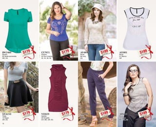 BW2460 
Blusón 
60 Verde esmeralda 
ME, XG 
$179PC8112538 
AF4896 
Blusa 
96 Ivory 
XG 
$189PC8913284 
QV4210 
Falda 
10 Negro 
GR, XG 
$179PC5112592 
AI1996 
Blusa 
96 Ivory 
GR 
$189PC1613253 
CE7855 
Playera 
55 Azul imperial 
32, 34, 36, 38 
$179PC4812549 
AI1801 
Blusa 
01 Blanco 
GR 
$189PC2113294 
VI3029 
Vestido 
29 Grosella 
CH, ME, GR, XG 
$179PC3312559 
AI9410 
Blusa 
10 Negro 
ME, GR, XG 
$189PC2413294 
18 19 
 