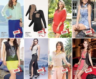 BF2324 
Blusón 
24 Verde menta 
32, 38 
$299PC9220992 
VG6548 
Vestido 
48 Coral Profundo 
32, 34, 36, 38 
$299PC9320965 
BK3410 
Blusón 
10 Negro 
ME, GR 
$299PC2020942 
BF1915 
Blusón 
15 Arena 
GR, XG 
$309PC6021620 
BF3610 
Blusón 
10 Negro 
34, 36, 38, 40 
$299PC5420921 
AI3121 
Blusa 
21 Azul cielo 
CH, ME, GR, XG 
$309PC7521617 
LR5610 
Pantalón 
10 Negro 
ME, GR, XG 
$299PC0020927 
VD6610 
Vestido 
10 Negro 
GR, XG 
$309PC9521692 
38 39 
 