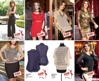 45 
$309PC8821699 
BK5296 
Blusón 
96 Ivory 
Ut, Gr 
$309PC9921603 
BG5815 
Blusón 
15 Arena 
Ut, Gr 
$309PC7821626 
VF0590 
Vestido 
90 Dorado 
Me, Gr 
$309PC0321667 
BF3010 
Blusón 
10 Negro 
Xg 
BE7491 
Blusón 
91 Plata 
38 $309PC8021694 
44 
$309PC1521685 
SA0506 
Palazzo 
06 Café 
Ch, Me, Gr, Xg 
$309PC0421688 
AI0109 
Blusa 
09 Azul Marino 
34 
$309PC9621673 
VG1112 
Vestido 
12 Rojo 
Gr 
 