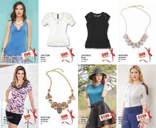 7 
$99PC6306979 
AW5810 
Blusa 
10 Negro 
Ch, Gr 
$109PC6807654 
AW5840 
Blusa 
40 Petroleo 
Ch, Me, Gr 
$99PC2106991 
WH2090 
Accesorio 
90 Dorado 
Ut 
$109PC0007686 
BJ1338 
Blusón 
38 Gris Plata 
34, 36, 38 
 