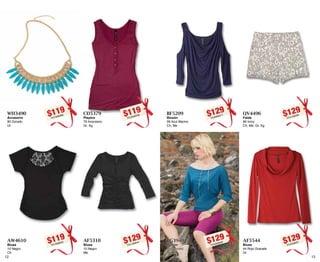 13 
$129PC9009017 
BF5209 
Blusón 
09 Azul Marino 
Ch, Me 
$129PC0909009 
BG3940 
Blusón 
40 Petroleo 
Me, Gr 
$129PC4109065 
QV4496 
Falda 
96 Ivory 
Ch, Me, Gr, Xg 
$129PC2509051 
AF5544 
Blusa 
44 Rojo Granate 
Gr 
AW4610 
Blusa 
10 Negro 
Ch $129PC1309041 
12 
$119PC7908386 
WH3490 
Accesorio 
90 Dorado 
Ut 
$119PC7608332 
AF5310 
Blusa 
10 Negro 
Me 
$119PC2908358 
CD5379 
Playera 
79 $UDQGDQR 
Gr, Xg 
 