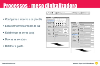 •
•
•
•
•
Configurar o arquivo e os pincéis
Escolher/identificar fonte de luz
Estabelecer as cores base
Marcas as sombras
Detalhar a gosto
Processos - mesa digitalizadora
Marketing Digital • Prof. Danilo Aroeirawww.daniloaroeira.com
 