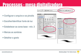•
•
•
•
•
Configurar o arquivo e os pincéis
Escolher/identificar fonte de luz
Estabelecer as cores base - min. 3
Marcas as sombras
Detalhar a gosto
Processos - mesa digitalizadora
Marketing Digital • Prof. Danilo Aroeirawww.daniloaroeira.com
 