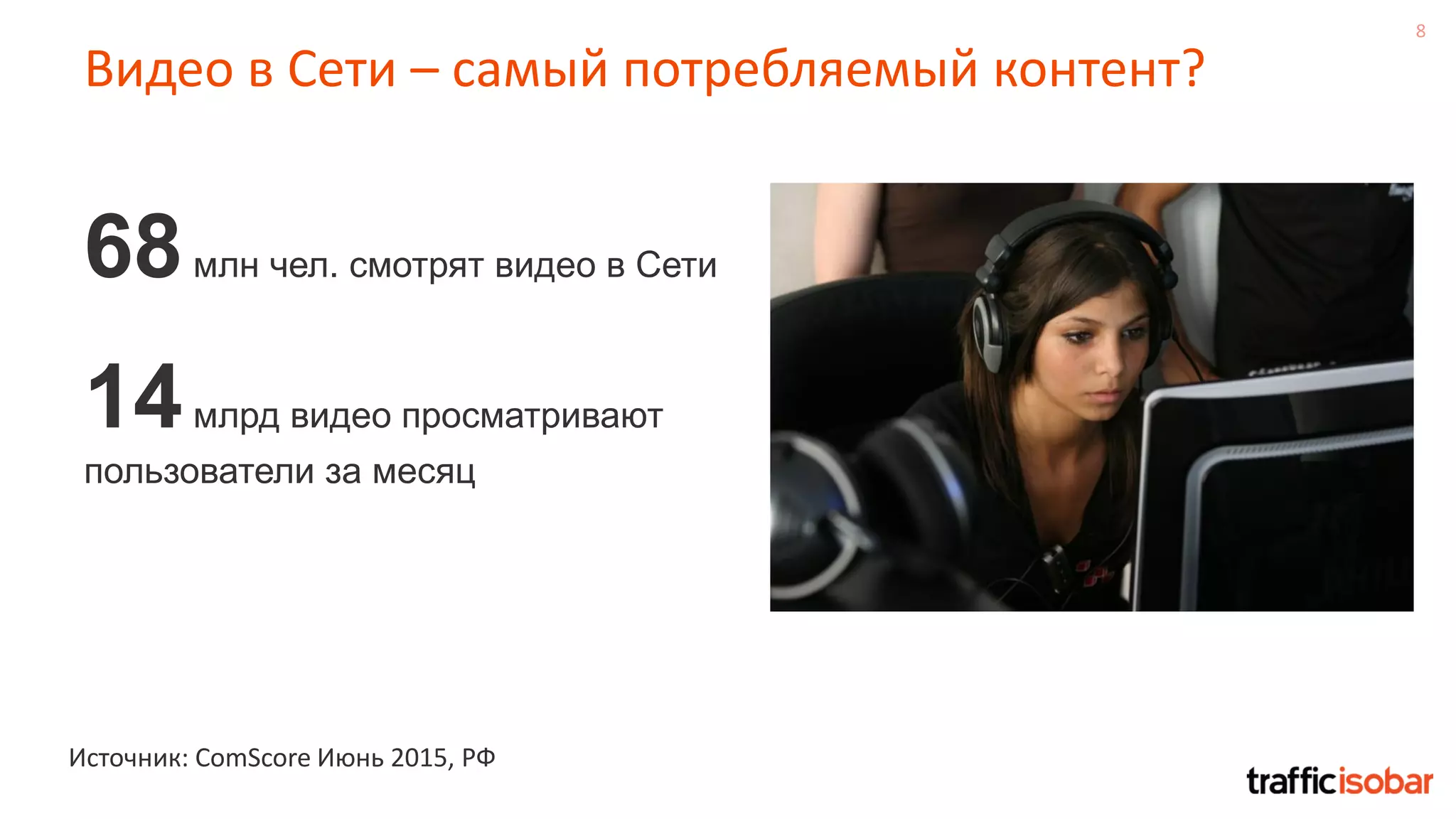 8
Видео в Сети – самый потребляемый контент?
Источник: ComScore Июнь 2015, РФ
68млн чел. смотрят видео в Сети
14млрд видео просматривают
пользователи за месяц
 