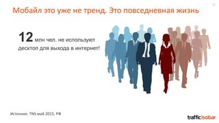 10
Мобайл это уже не тренд. Это повседневная жизнь
Источник: TNS май 2015, РФ
12млн чел. не используют
десктоп для выхода в интернет!
 