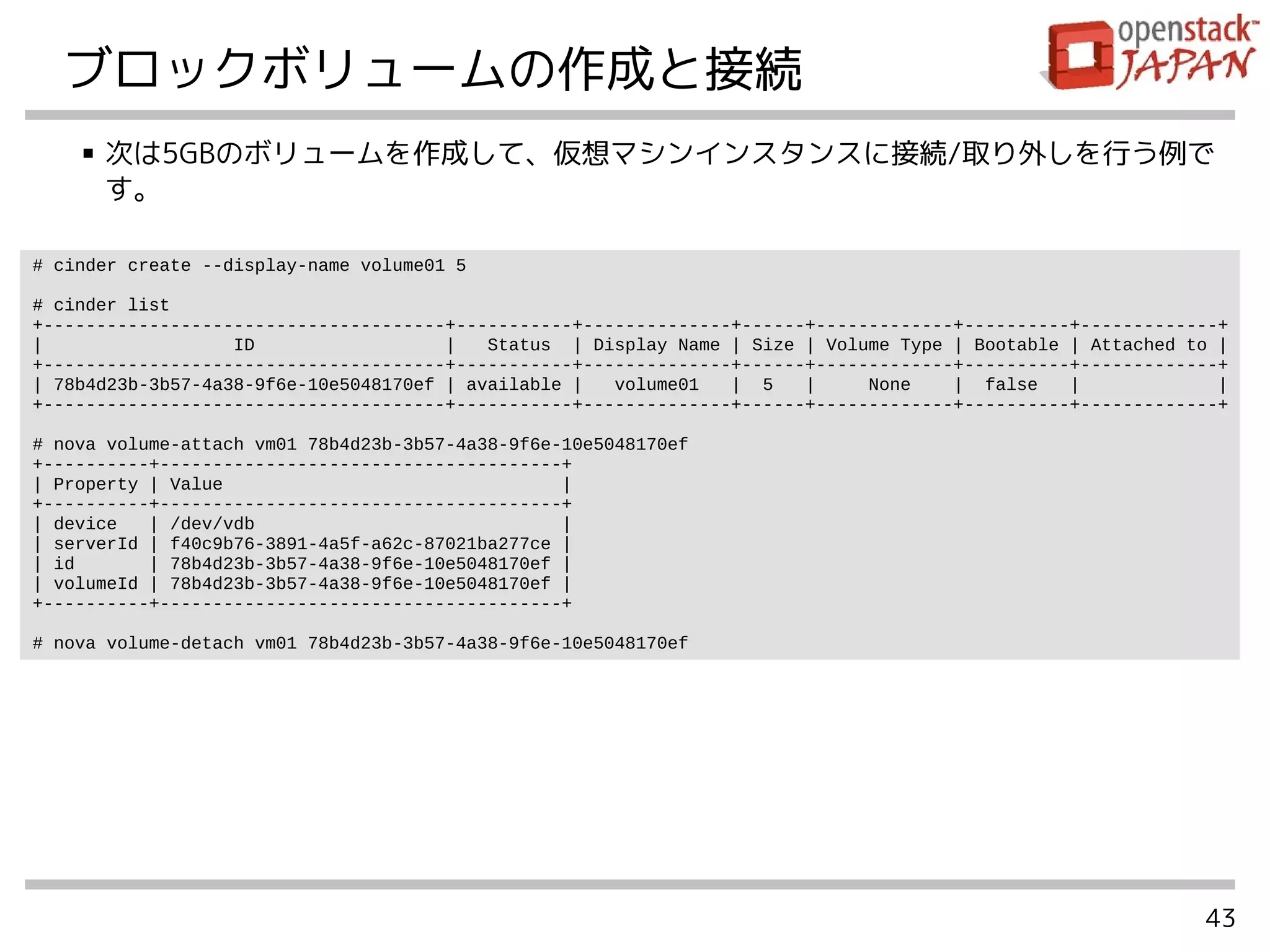 43
ブロックボリュームの作成と接続
■ 次は5GBのボリュームを作成して、仮想マシンインスタンスに接続/取り外しを行う例で
す。
# cinder create --display-name volume01 5
# cinder list
+--------------------------------------+-----------+--------------+------+-------------+----------+-------------+
| ID | Status | Display Name | Size | Volume Type | Bootable | Attached to |
+--------------------------------------+-----------+--------------+------+-------------+----------+-------------+
| 78b4d23b-3b57-4a38-9f6e-10e5048170ef | available | volume01 | 5 | None | false | |
+--------------------------------------+-----------+--------------+------+-------------+----------+-------------+
# nova volume-attach vm01 78b4d23b-3b57-4a38-9f6e-10e5048170ef
+----------+--------------------------------------+
| Property | Value |
+----------+--------------------------------------+
| device | /dev/vdb |
| serverId | f40c9b76-3891-4a5f-a62c-87021ba277ce |
| id | 78b4d23b-3b57-4a38-9f6e-10e5048170ef |
| volumeId | 78b4d23b-3b57-4a38-9f6e-10e5048170ef |
+----------+--------------------------------------+
# nova volume-detach vm01 78b4d23b-3b57-4a38-9f6e-10e5048170ef
 