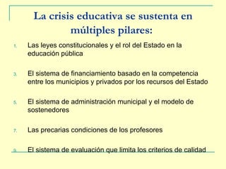 La crisis educativa se sustenta en múltiples pilares:   Las leyes constitucionales y el rol del Estado en la educación pública El sistema de financiamiento basado en la competencia entre los municipios y privados por los recursos del Estado El sistema de administración municipal y el modelo de sostenedores Las precarias condiciones de los profesores El sistema de evaluación que limita los criterios de calidad 