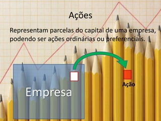 Ações
Representam parcelas do capital de uma empresa,
podendo ser ações ordinárias ou preferenciais.




                                    Ação
    Empresa
 