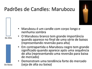 Padrões de Candles: Marubozu


           • Marubozu é um candle com corpo longo e
             nenhuma sombra
De Alta
           • O Marubozu branco tem grande importância
             quando aparece no final de uma série de baixas
             (representando reversão para alta)
           • Em contrapartida o Marubozu negro tem grande
             significado quando aparece após uma sequência
             de alta (representando uma reversão para baixa
             de mercado)
           • Demonstram uma tendência forte do mercado
De Baixa     (seja de alta ou baixa)
 