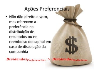 Ações Preferenciais
• Não dão direito a voto,
  mas oferecem a
  preferência na
  distribuição de
  resultados ou no
  reembolso do capital em
  caso de dissolução da
  companhia
 