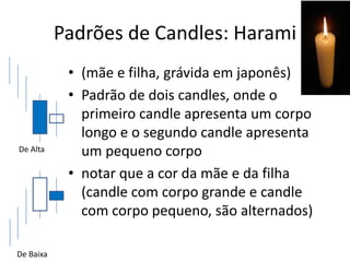 Padrões de Candles: Harami
            • (mãe e filha, grávida em japonês)
            • Padrão de dois candles, onde o
              primeiro candle apresenta um corpo
              longo e o segundo candle apresenta
De Alta       um pequeno corpo
            • notar que a cor da mãe e da filha
              (candle com corpo grande e candle
              com corpo pequeno, são alternados)

De Baixa
 