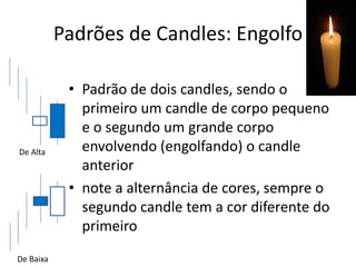 Padrões de Candles: Engolfo

            • Padrão de dois candles, sendo o
              primeiro um candle de corpo pequeno
              e o segundo um grande corpo
De Alta       envolvendo (engolfando) o candle
              anterior
            • note a alternância de cores, sempre o
              segundo candle tem a cor diferente do
              primeiro
De Baixa
 