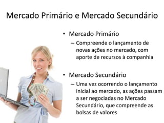 Mercado Primário e Mercado Secundário
             • Mercado Primário
               – Compreende o lançamento de
                 novas ações no mercado, com
                 aporte de recursos à companhia


             • Mercado Secundário
               – Uma vez ocorrendo o lançamento
                 inicial ao mercado, as ações passam
                 a ser negociadas no Mercado
                 Secundário, que compreende as
                 bolsas de valores
 