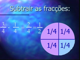 Subtrair as fracções: 1/4 3 4 1/4 1/4 1 4 2 4 1/4 - = = 1 2 