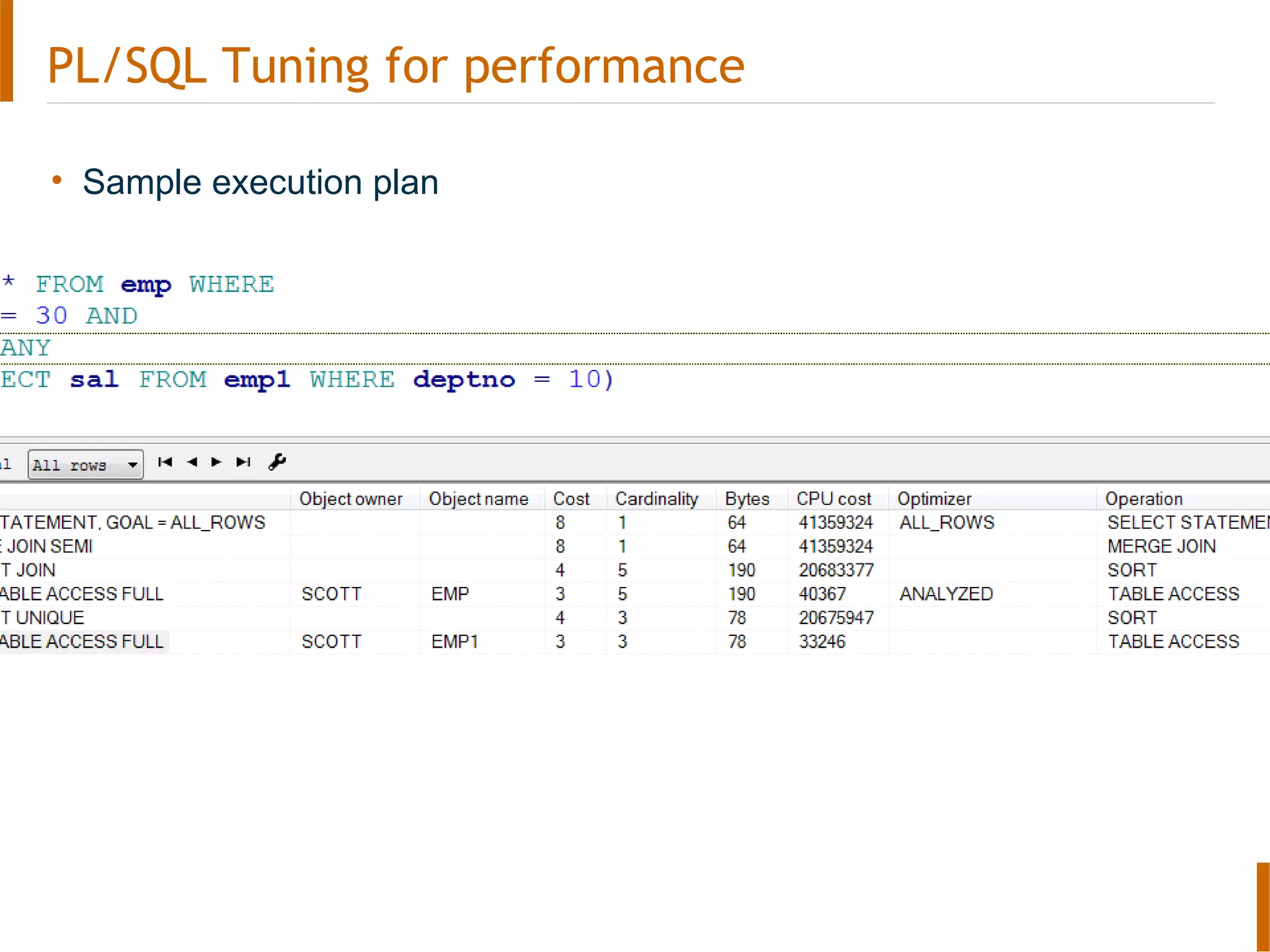 PL/SQL Tuning for performance
• Sample execution plan
 