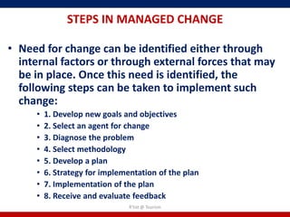 STEPS IN MANAGED CHANGE

• Need for change can be identified either through
  internal factors or through external forces that may
  be in place. Once this need is identified, the
  following steps can be taken to implement such
  change:
     •   1. Develop new goals and objectives
     •   2. Select an agent for change
     •   3. Diagnose the problem
     •   4. Select methodology
     •   5. Develop a plan
     •   6. Strategy for implementation of the plan
     •   7. Implementation of the plan
     •   8. Receive and evaluate feedback
                                R'tist @ Tourism
 