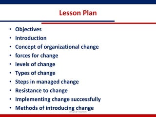 Lesson Plan

•   Objectives
•   Introduction
•   Concept of organizational change
•   forces for change
•   levels of change
•   Types of change
•   Steps in managed change
•   Resistance to change
•   Implementing change successfully
•   Methods of introducing @ Tourism
                         R'tist
                                change
 