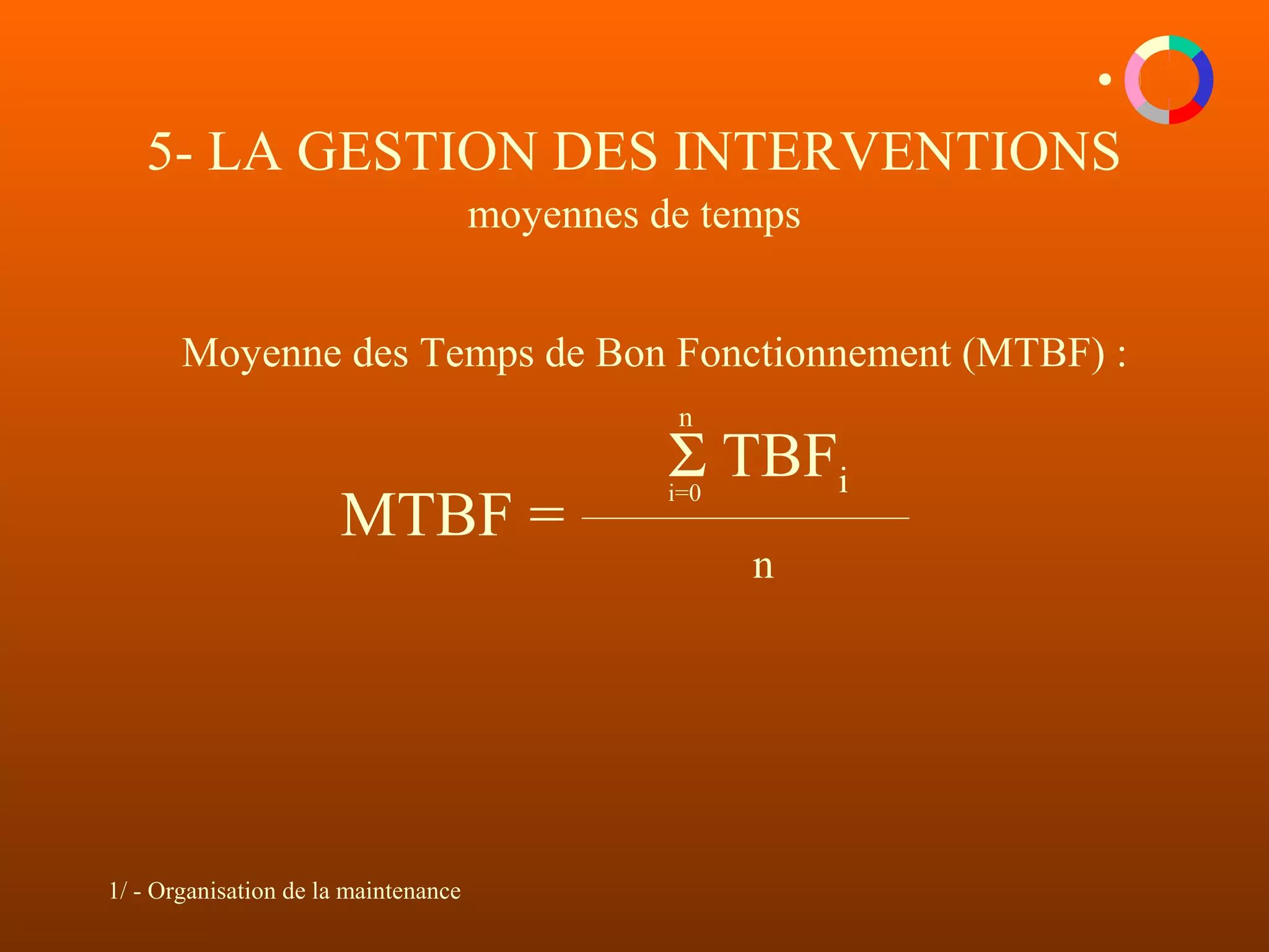 1/ - Organisation de la maintenance
5- LA GESTION DES INTERVENTIONS
moyennes de temps
Moyenne des Temps de Bon Fonctionnement (MTBF) :
MTBF =
Σ TBFi
n
i=0
n
 