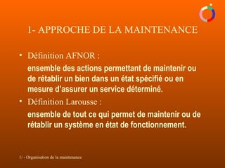 1/ - Organisation de la maintenance
• Définition AFNOR :
ensemble des actions permettant de maintenir ou
de rétablir un bien dans un état spécifié ou en
mesure d’assurer un service déterminé.
• Définition Larousse :
ensemble de tout ce qui permet de maintenir ou de
rétablir un système en état de fonctionnement.
1- APPROCHE DE LA MAINTENANCE
 