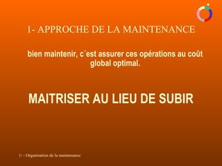 1/ - Organisation de la maintenance
bien maintenir, c´est assurer ces opérations au coût
global optimal.
MAITRISER AU LIEU DE SUBIR
1- APPROCHE DE LA MAINTENANCE
 