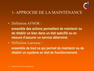 1/ - Organisation de la maintenance
• Définition AFNOR :
ensemble des actions permettant de maintenir ou
de rétablir un bien dans un état spécifié ou en
mesure d’assurer un service déterminé.
• Définition Larousse :
ensemble de tout ce qui permet de maintenir ou de
rétablir un système en état de fonctionnement.
1- APPROCHE DE LA MAINTENANCE
 