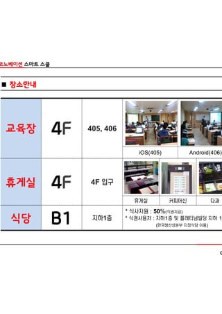 ■ 장소안내




교육장      4F   405, 406


                             iOS(405)          Android(406)




휴게실      4F   4F 입구

                           휴게실          커피머신           다과
                         * 식사지원 : 50%(식권지급)
 식당      B1    지하1층      * 식권사용처 : 지하1층 및 플래티넘빌딩 지하 1
                                   (한국생산성본부 지정식당 이용)
 