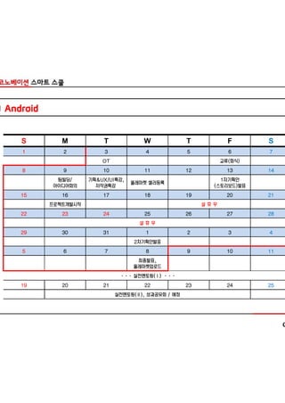 ■ Android


     S         M           T            W              T            F      S
     1         2            3            4             5            6      7
                           OT                                     교류(회식)
     8         9           10            11            12           13     14
             팀빌딩/      기획&UX/UI특강,                              1차기획안
                                     올레마켓 셀러등록
            아이디어회의       저작권특강                                (스토리보드)발표
     15        16          17            18            19           20     21
            프로젝트개발시작                                        설휴무
     22        23          24            25            26           27     28
                                       설휴무
     29        30          31            1             2            3      4
                                     2차기획안발표
     5         6            7            8             9            10     11
                                      최종발표,
                                     올레마켓업로드
                                 ··· 실전멘토링(Ⅰ) ···
     19        20          21            22            23           24     25
                                실전멘토링(Ⅱ), 성과공유회 / 예정
 