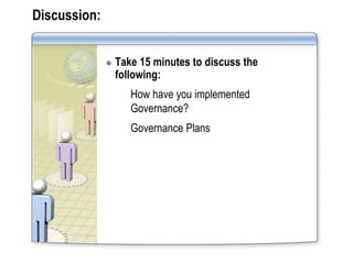 Discussion:


              Take 15 minutes to discuss the
              following:
                 How have you implemented
                 Governance?
                 Governance Plans
 