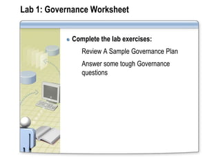 Lab 1: Governance Worksheet


            Complete the lab exercises:
               Review A Sample Governance Plan
               Answer some tough Governance
               questions
 