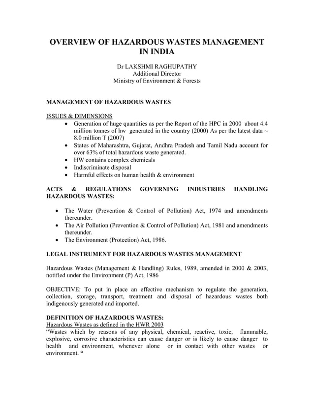 overview on hazardous waste management in india PDF