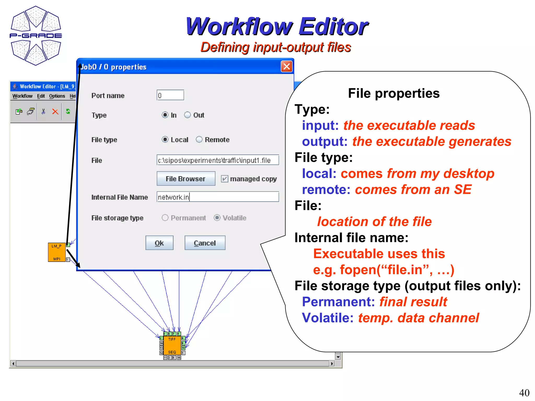 Workflow Editor
 Defining input-output files


                           File properties
                 Type:
                  input: the executable reads
                  output: the executable generates
                 File type:
                  local: comes from my desktop
                  remote: comes from an SE
                 File:
                     location of the file
                 Internal file name:
                    Executable uses this
                    e.g. fopen(“file.in”, …)
                 File storage type (output files only):
                  Permanent: final result
                  Volatile: temp. data channel




                                                      40
 