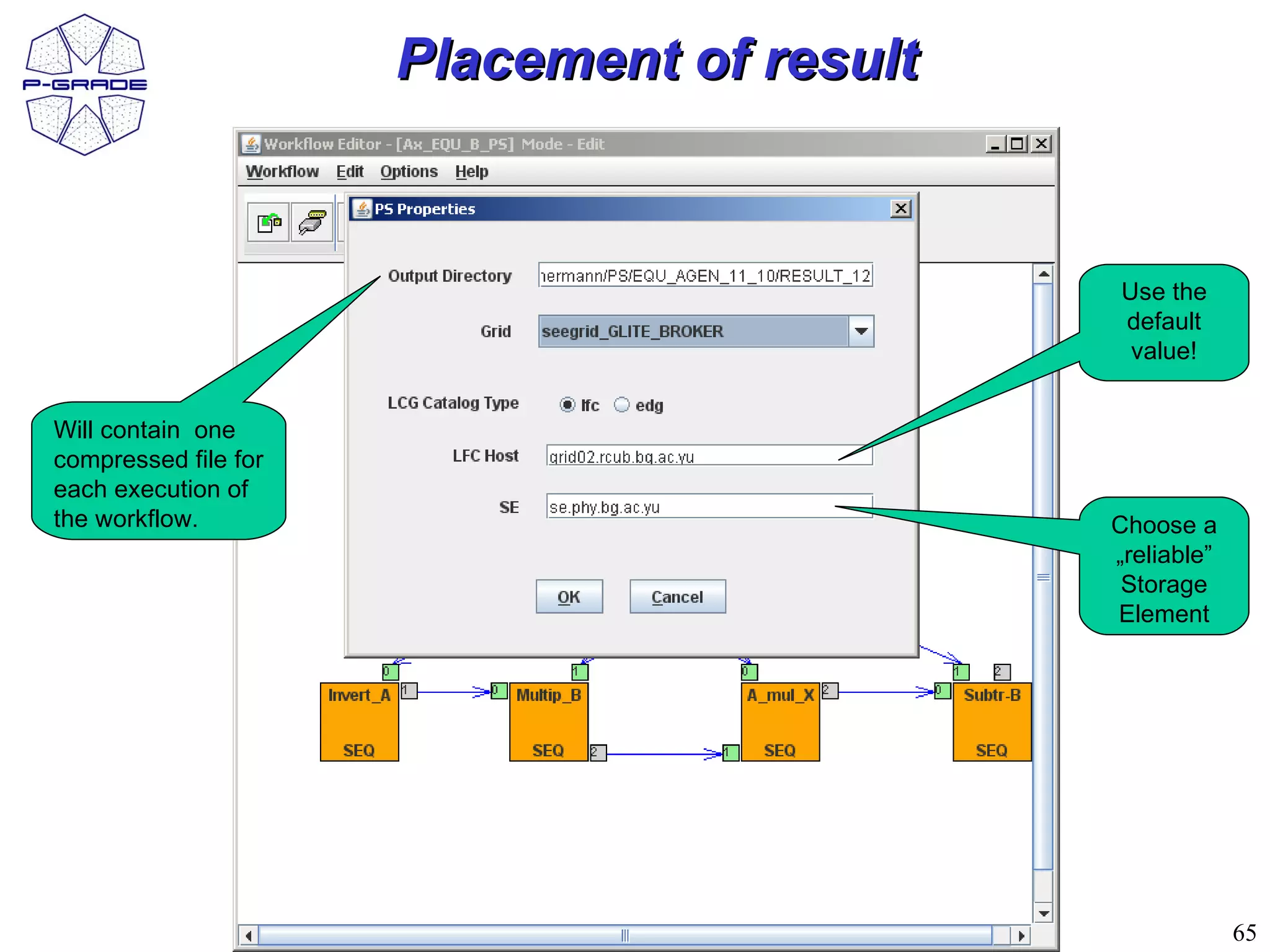 Placement of result


                                            Use the
                                            default
                                             value!


Will contain one
compressed file for
each execution of
the workflow.                               Choose a
                                            „reliable”
                                             Storage
                                            Element




                                                         65
 